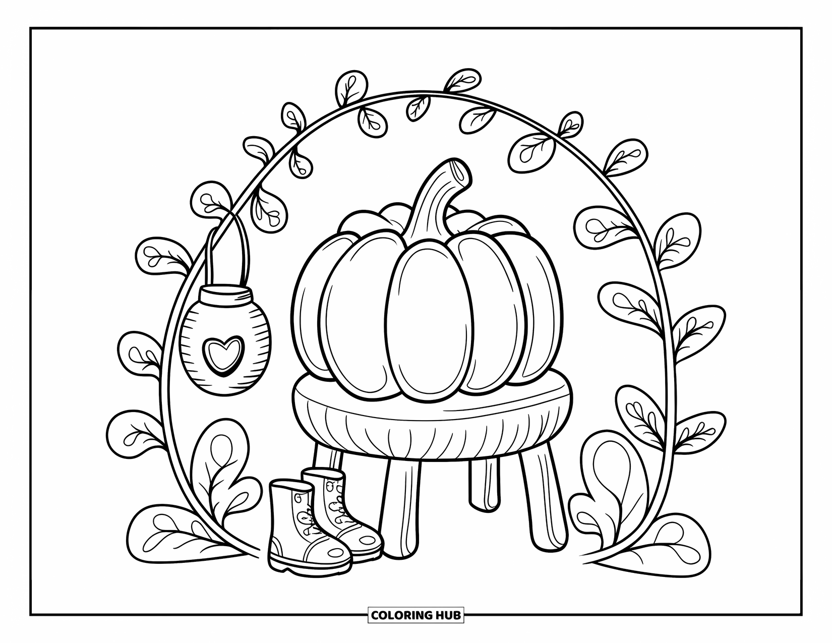 Coloriage de citrouille pour adultes : Citrouille sur un tabouret rembourré avec des bottes, une lanterne en forme de cœur et une arche de vigne ludique