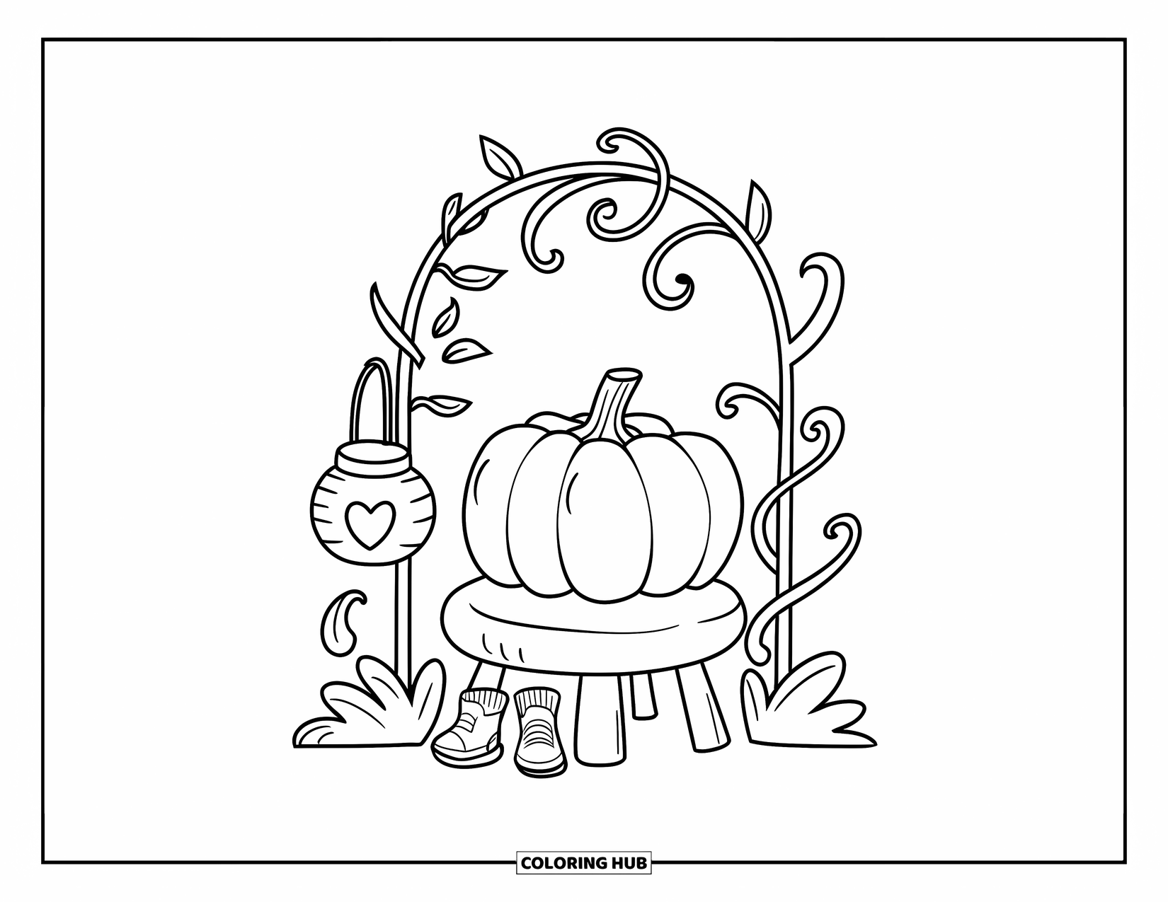 Coloriage de citrouille pour adultes : Citrouille sur un tabouret avec de minuscules bottes, une lanterne en forme de cœur et une délicate arche de vigne