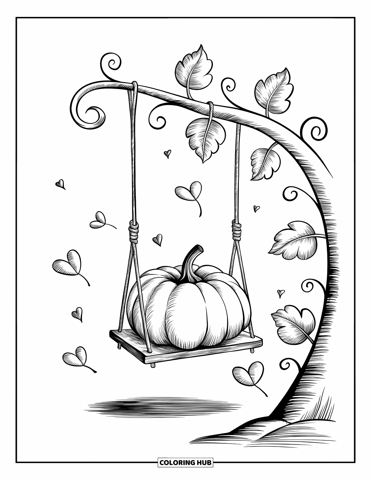 Coloriage de citrouille pour adultes : Citrouille sur une balançoire suspendue à une vigne, entourée de feuilles en forme de cœur tombant