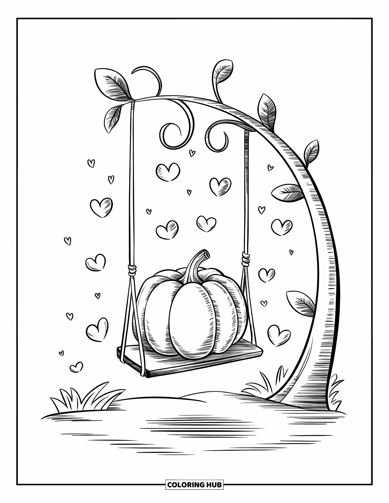 Coloriage de citrouille pour adultes : Citrouille sur une balançoire avec des feuilles de cœur tombant et un nuage doux en dessous