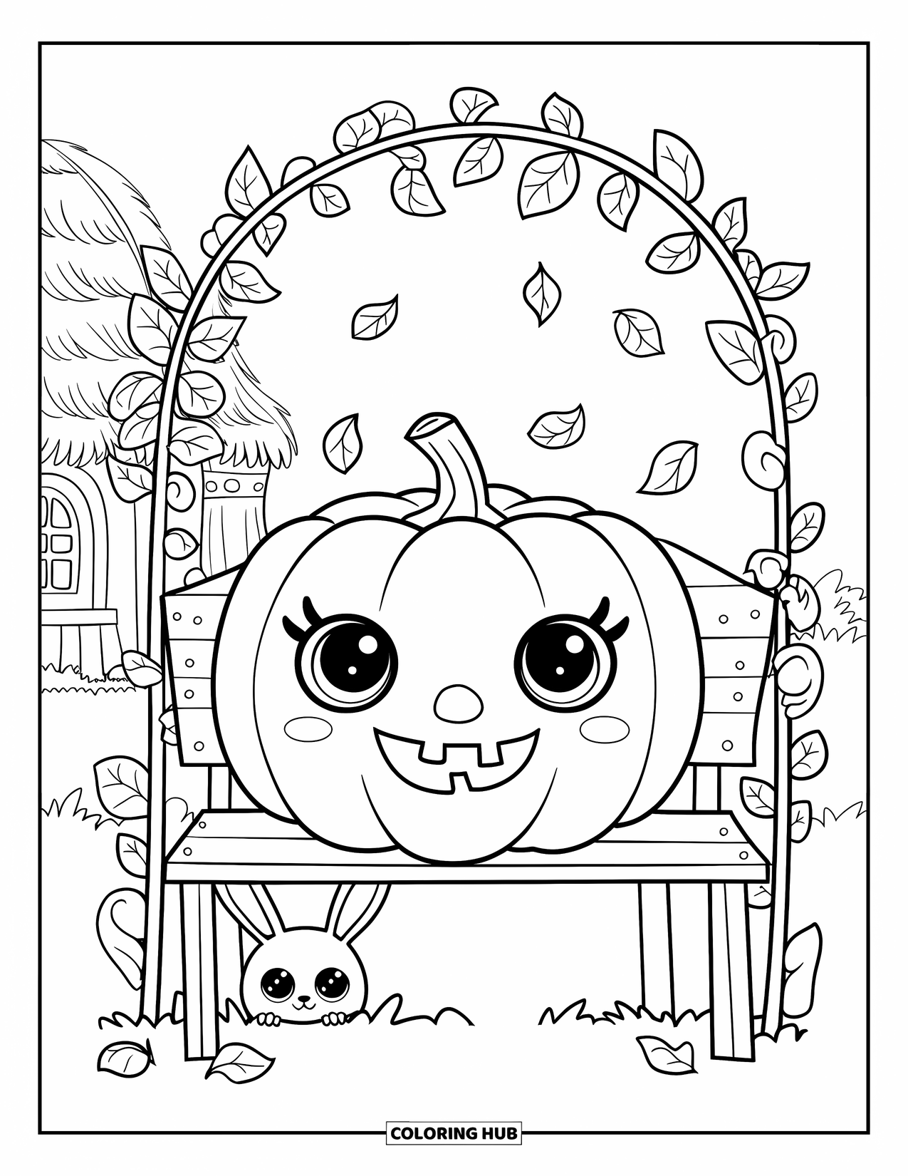 Coloriage de citrouille pour adultes : Citrouille sur un banc en bois sous des vignes de cœur, avec un lapin qui jette un coup d’œil et des feuilles tombantes