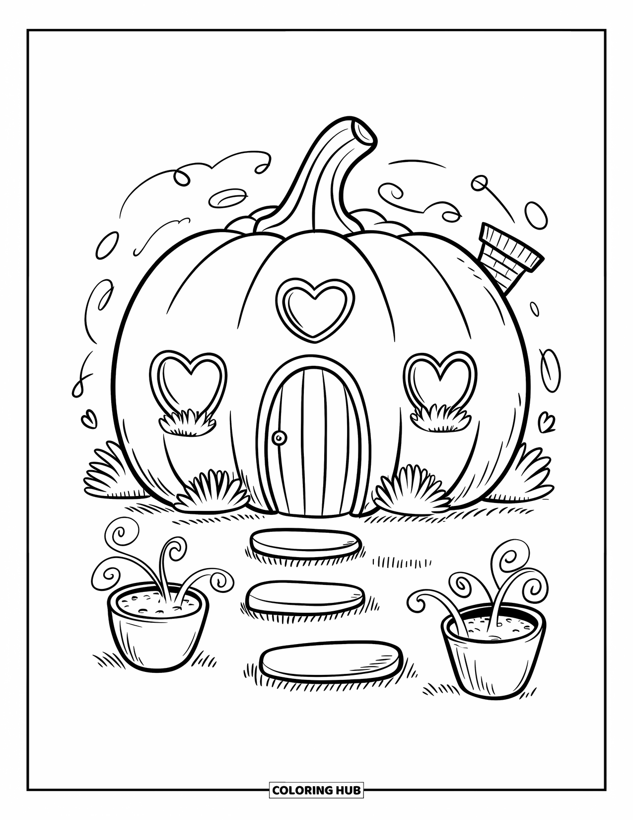 Coloriage de citrouille pour adultes : Maison en forme de citrouille avec une porte arrondie, des fenêtres en forme de cœur, de minuscules plantes et des tremplins