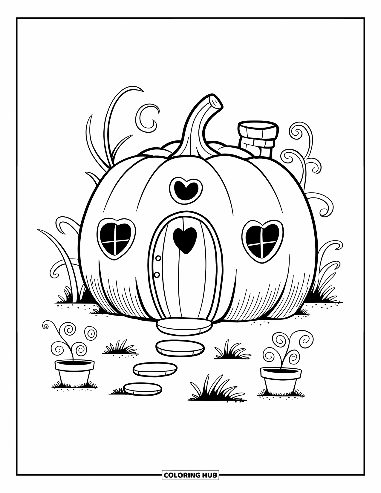 Coloriage de citrouille pour adultes : Maison en forme de citrouille avec des fenêtres de cœur, des plantes en pot et de minuscules tremplins