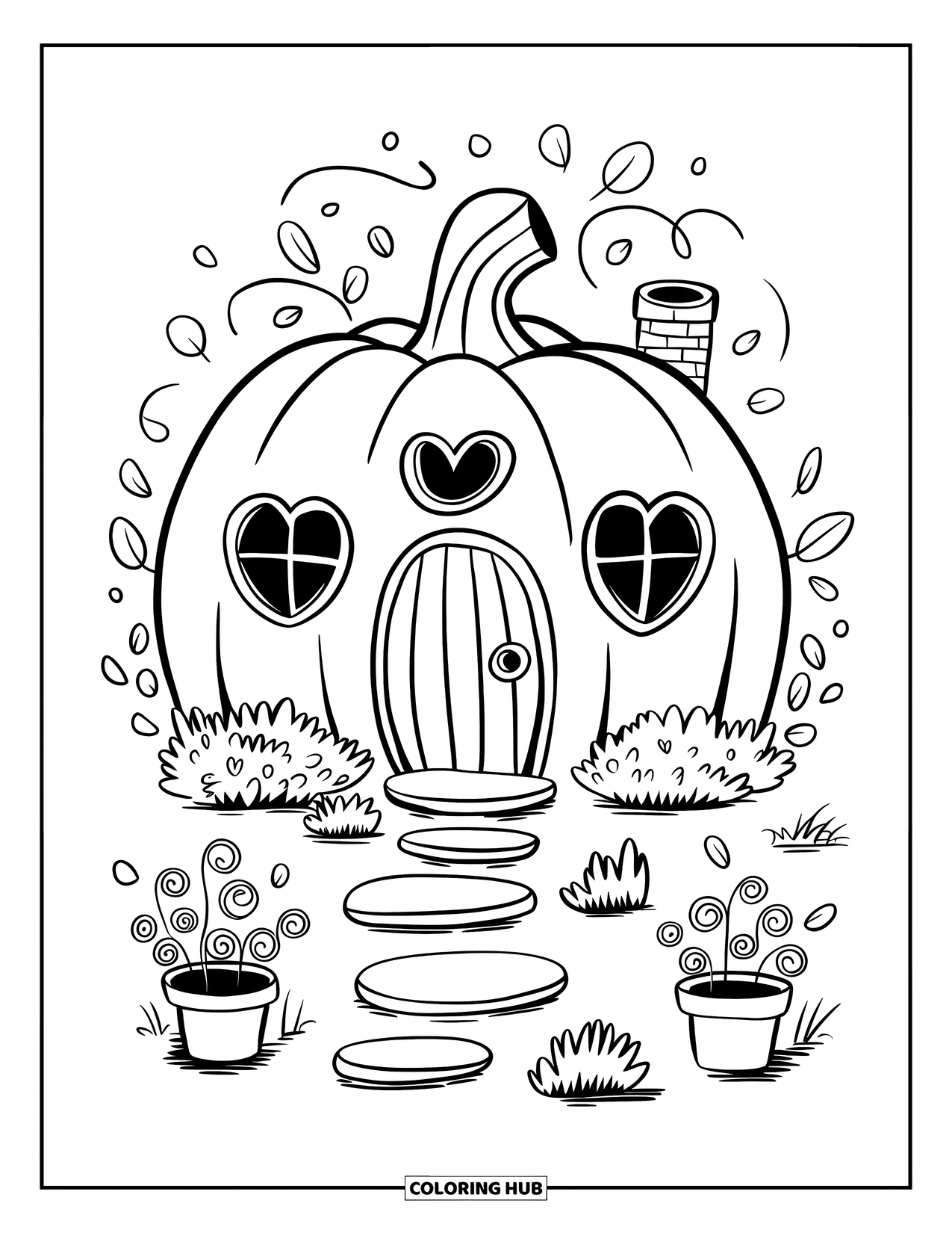 Coloriage de citrouille pour adultes : Maison en forme de citrouille avec des fenêtres de cœur, une porte arrondie, des tremplins et des plantes en pot