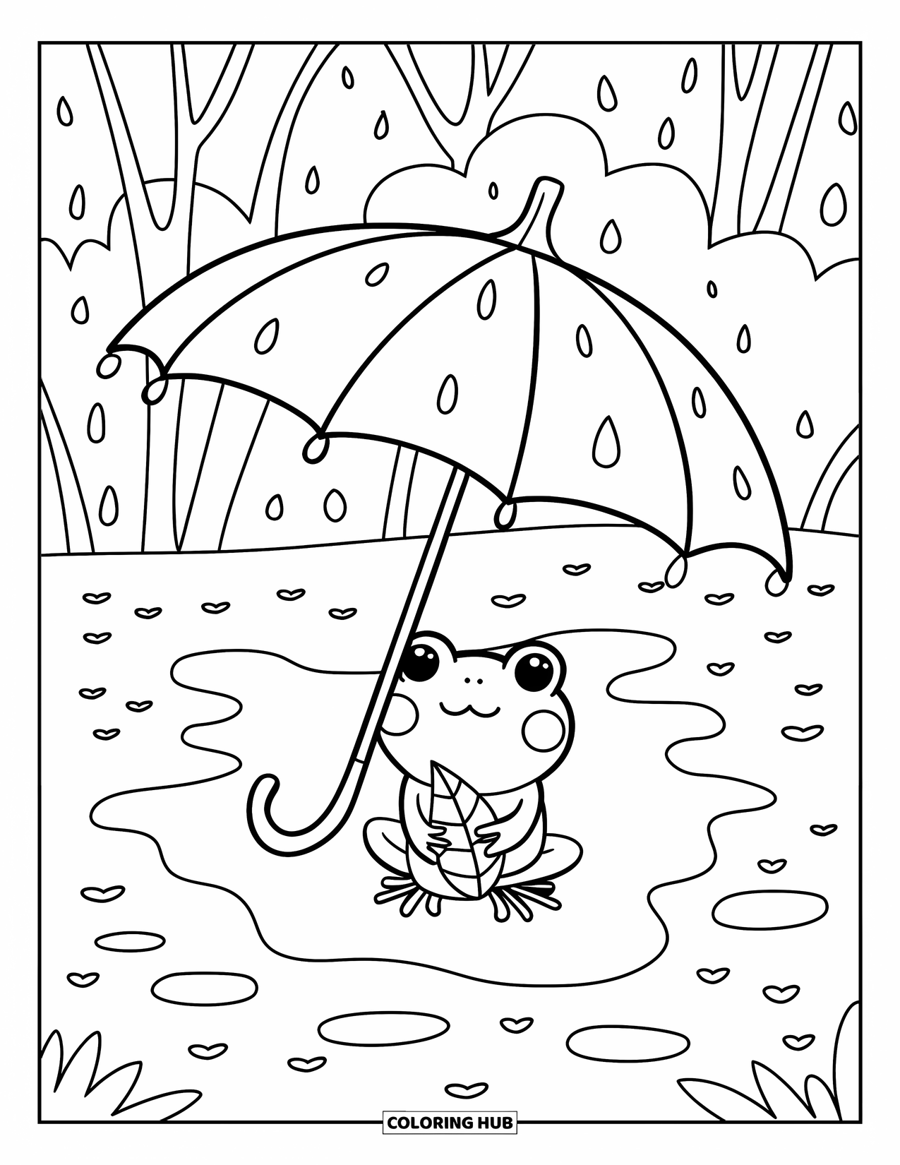 Coloriage de citrouille pour adultes : Parapluie en forme de citrouille flottant au-dessus d’une flaque d’eau avec des ondulations de cœur et une minuscule grenouille