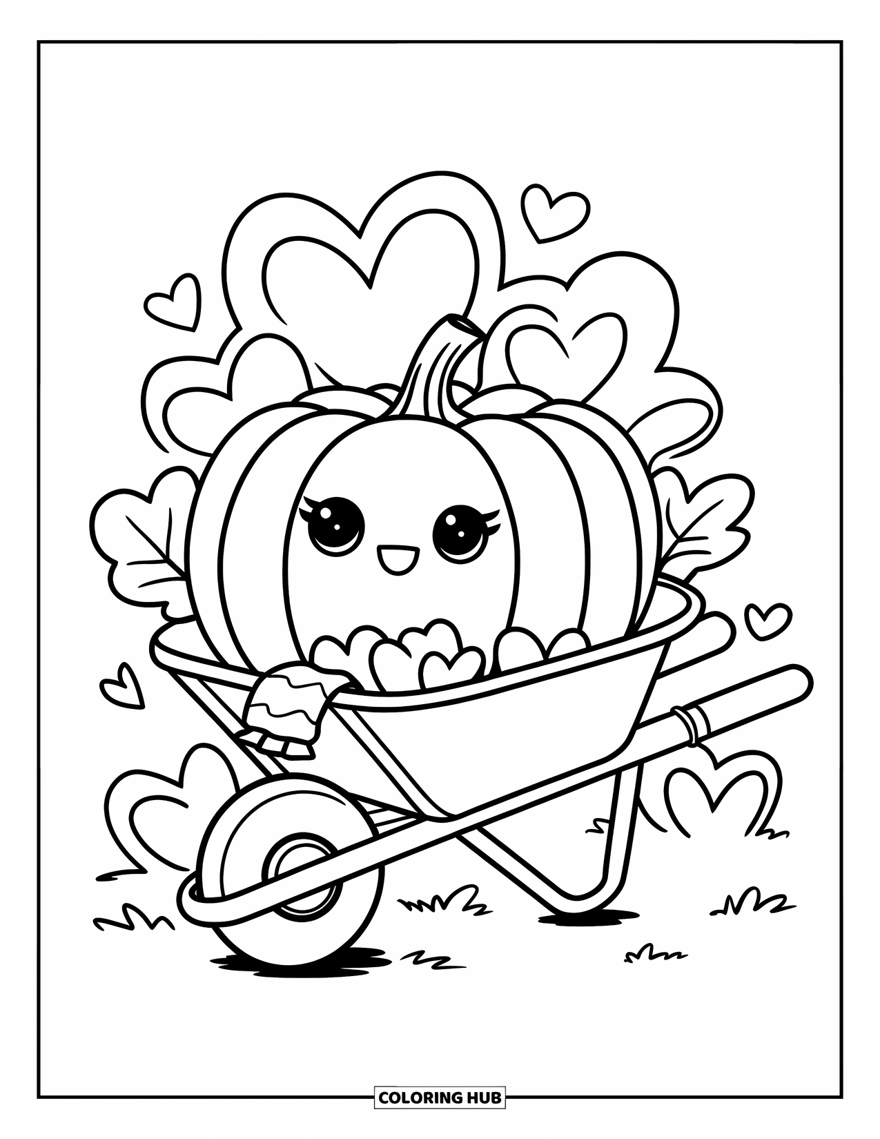 Coloriage de citrouille pour adultes : Citrouille assise dans une brouette entourée de feuilles en forme de cœur et d’une écharpe confortable