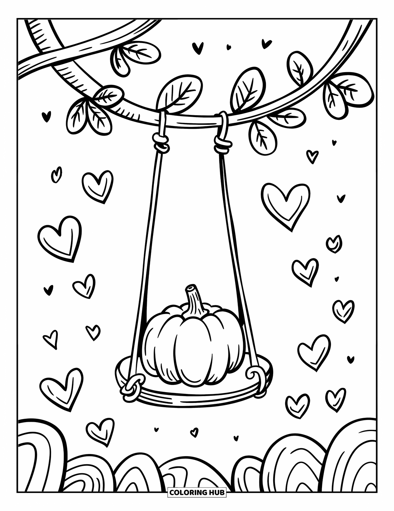 Coloriage de citrouille pour adultes : Citrouille se balançant d’une vigne avec des feuilles de cœur tombant autour