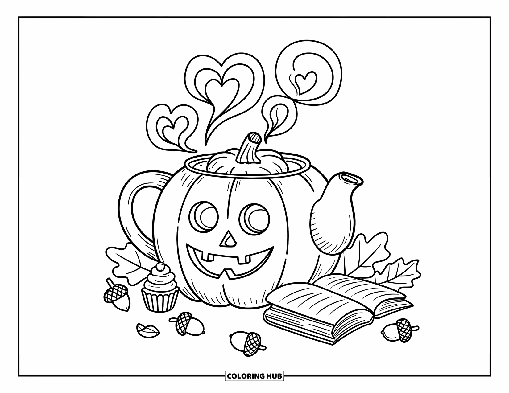 Coloriage de citrouille pour adultes : Théière citrouille avec de la vapeur en forme de cœur, un minuscule cupcake, un livre de feuilles et des glands