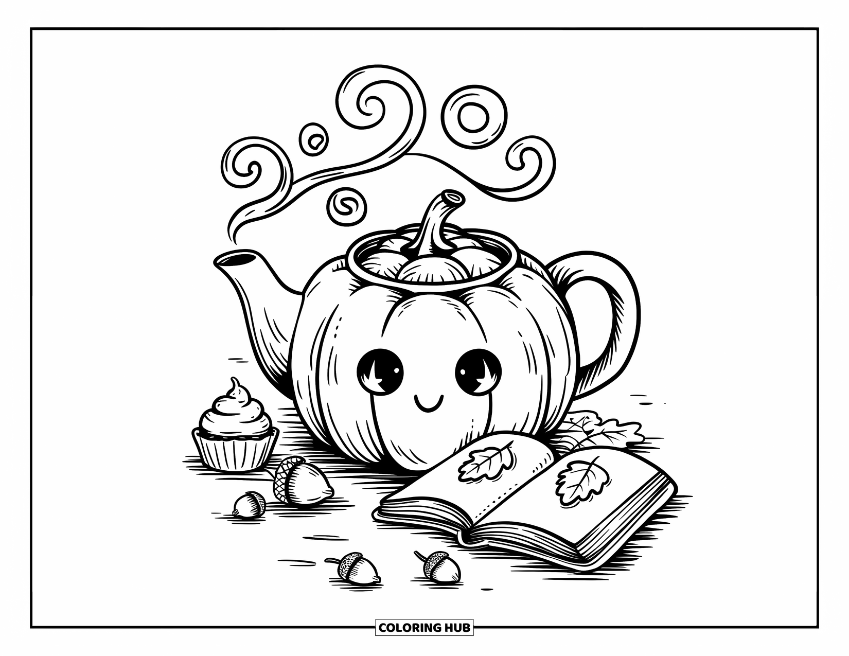 Coloriage de citrouille pour adultes : Théière citrouille avec de la vapeur de cœur, un minuscule cupcake, un livre en forme de feuille et des glands éparpillés