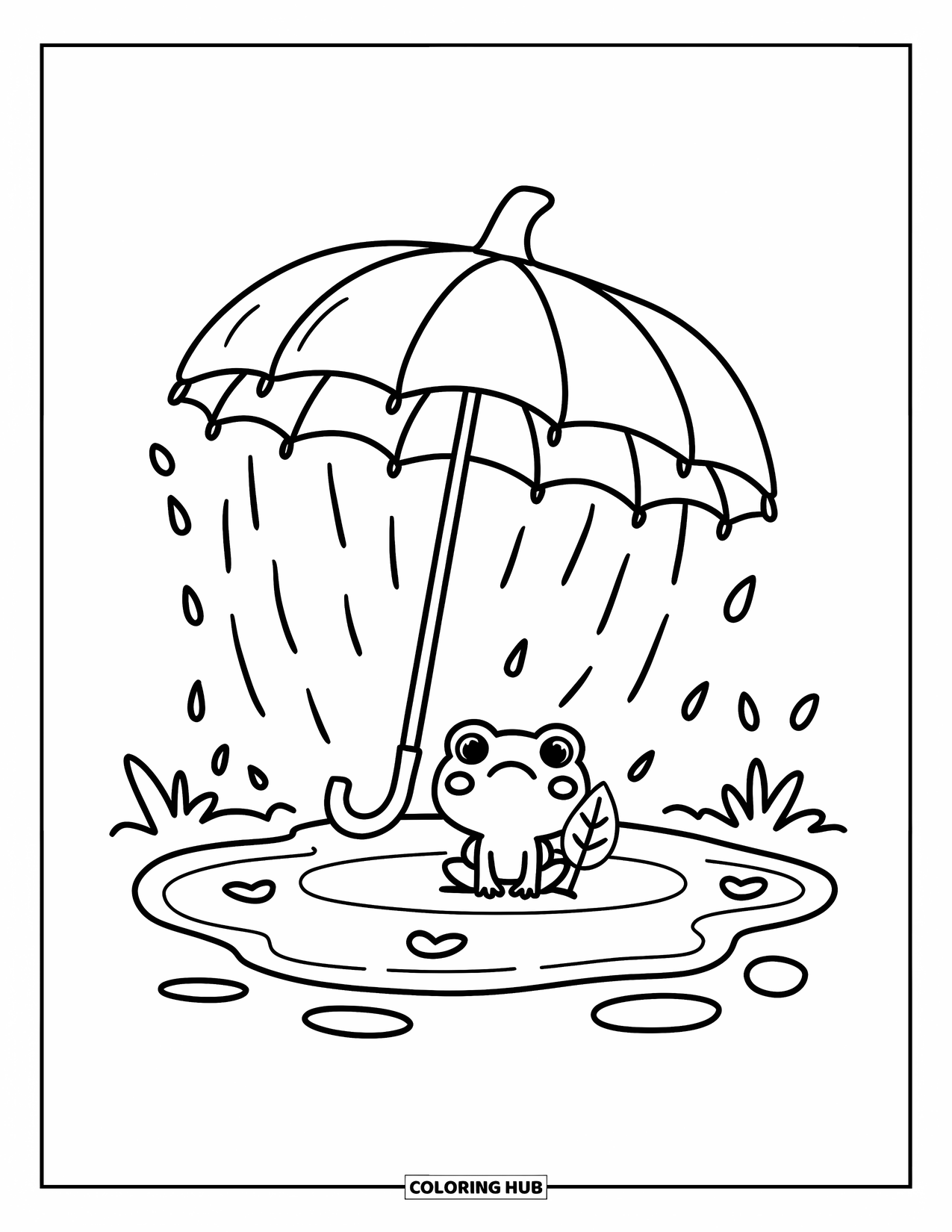 Coloriage de citrouille pour adultes : Parapluie citrouille flottant au-dessus d’une flaque d’eau avec des ondulations de cœur et une grenouille tenant une feuille