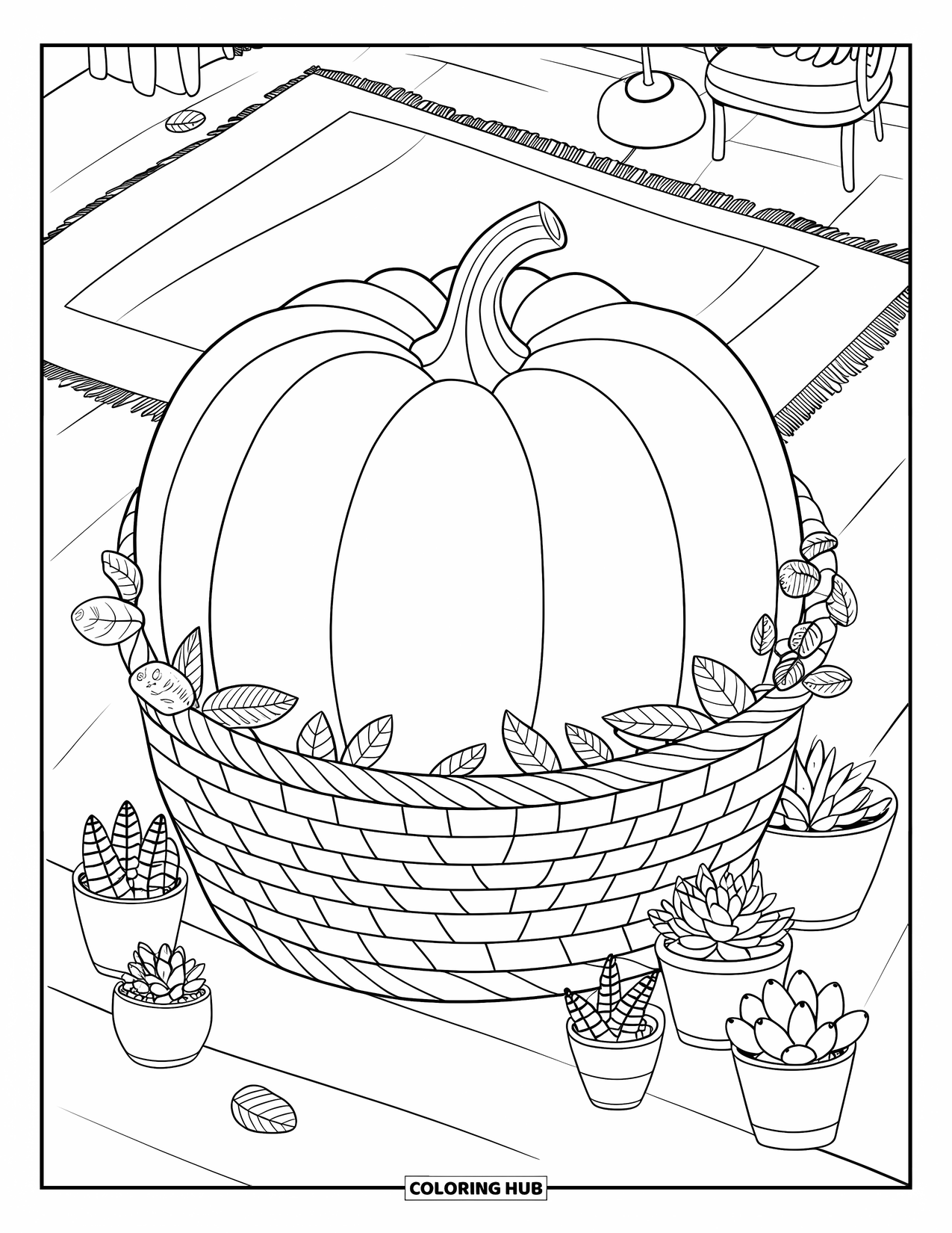 Coloriage de citrouille pour adultes : Citrouille avec des crêtes de cœur dans un panier tissé entouré de plantes en pot et de plantes succulentes