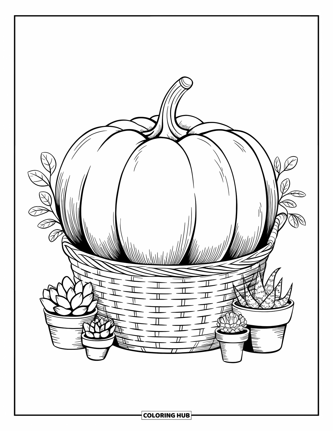 Coloriage de citrouille pour adultes : Citrouille avec des crêtes en forme de cœur assise dans un panier tissé entouré de minuscules plantes en pot