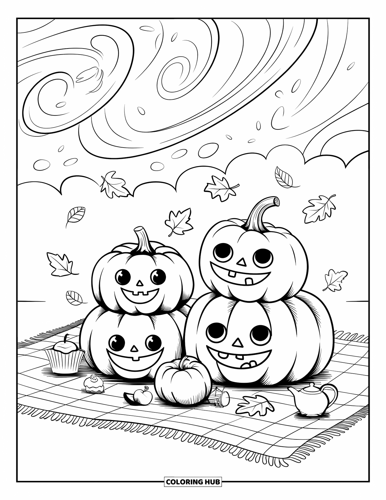 Coloriage de citrouille pour adultes : Citrouilles empilées avec des expressions mignonnes, de minuscules friandises autour d’elles et des feuilles tombant au-dessus