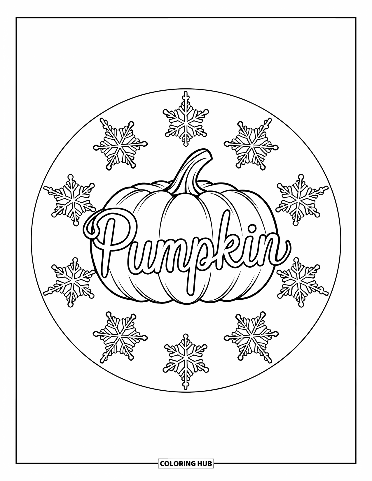 Coloriage de citrouille pour adultes : Le mot « PUMPKIN » s’enroule autour d’une citrouille, entourée de flocons de neige magnifiquement détaillés