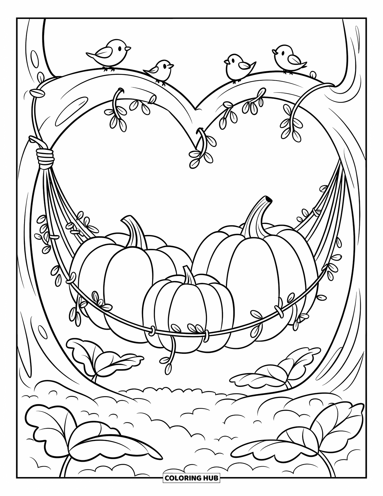 Coloriage de citrouille pour adultes : Trois citrouilles dans un hamac de vigne avec des troncs d’arbres en forme de cœur et des oiseaux enjoués