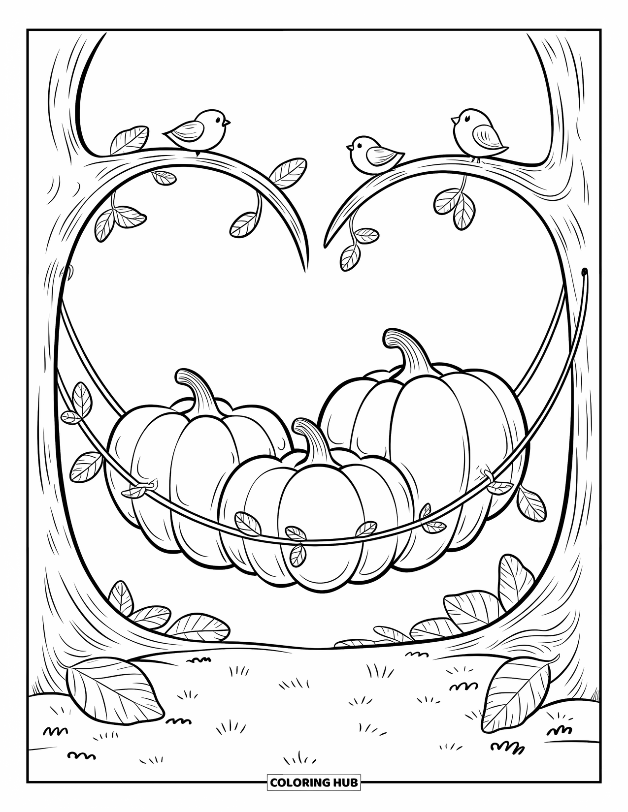 Coloriage de citrouille pour adultes : Trois citrouilles nichées dans un hamac de vigne entre des troncs d’arbres en forme de cœur avec de minuscules oiseaux