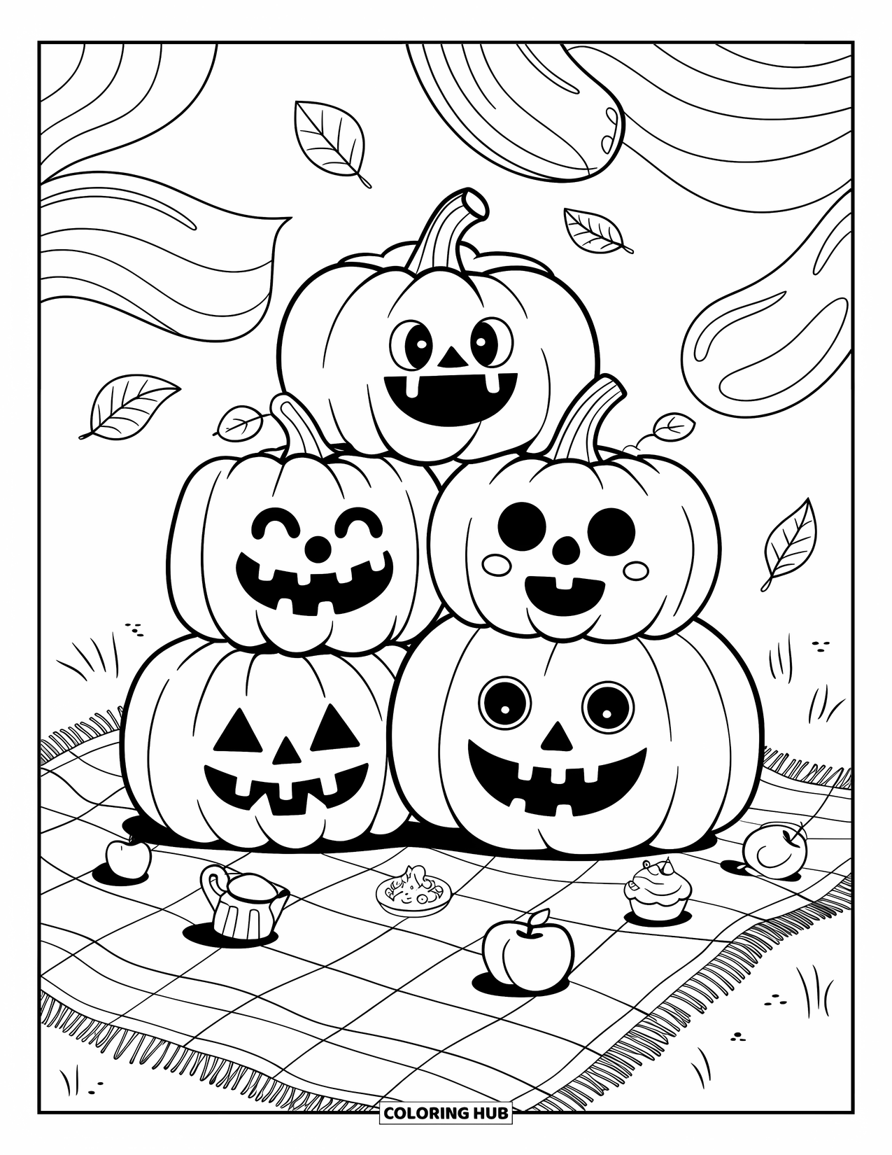 Coloriage de citrouille pour adultes : Trois citrouilles avec des visages adorables sur une couverture de pique-nique, entourées de minuscules friandises et de feuilles