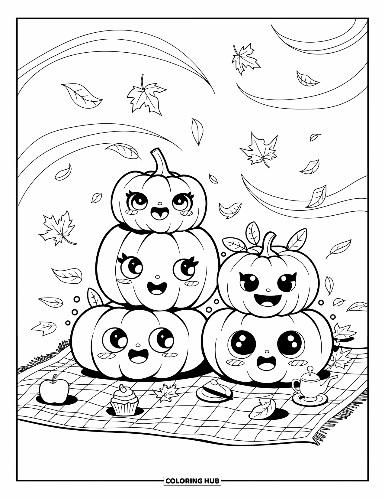Coloriage de citrouille pour adultes : Trois citrouilles empilées avec des visages mignons sur une couverture de pique-nique, entourées de minuscules friandises