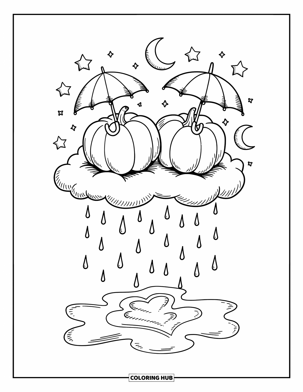 Coloriage de citrouille pour adultes : Deux citrouilles flottant sur un nuage avec de minuscules parapluies, des gouttes de pluie de cœur, des étoiles et des lunes