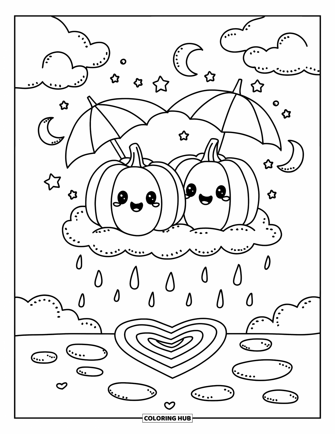 Coloriage de citrouille pour adultes : Deux citrouilles sur un nuage avec de minuscules parapluies, des gouttes de pluie en forme de cœur, des étoiles et des lunes