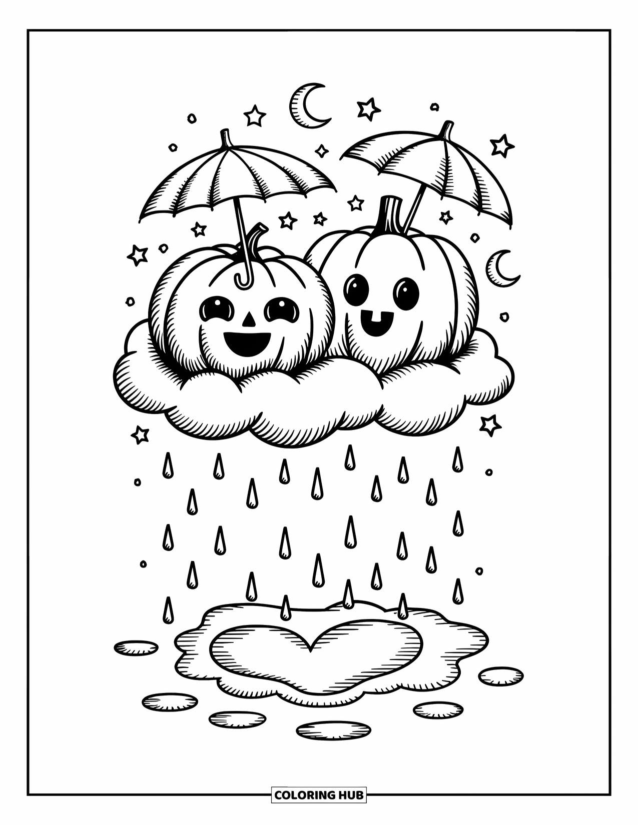 Coloriage de citrouille pour adultes : Deux citrouilles avec de minuscules parapluies flottant sur un nuage, entourées d’étoiles et de gouttes de pluie