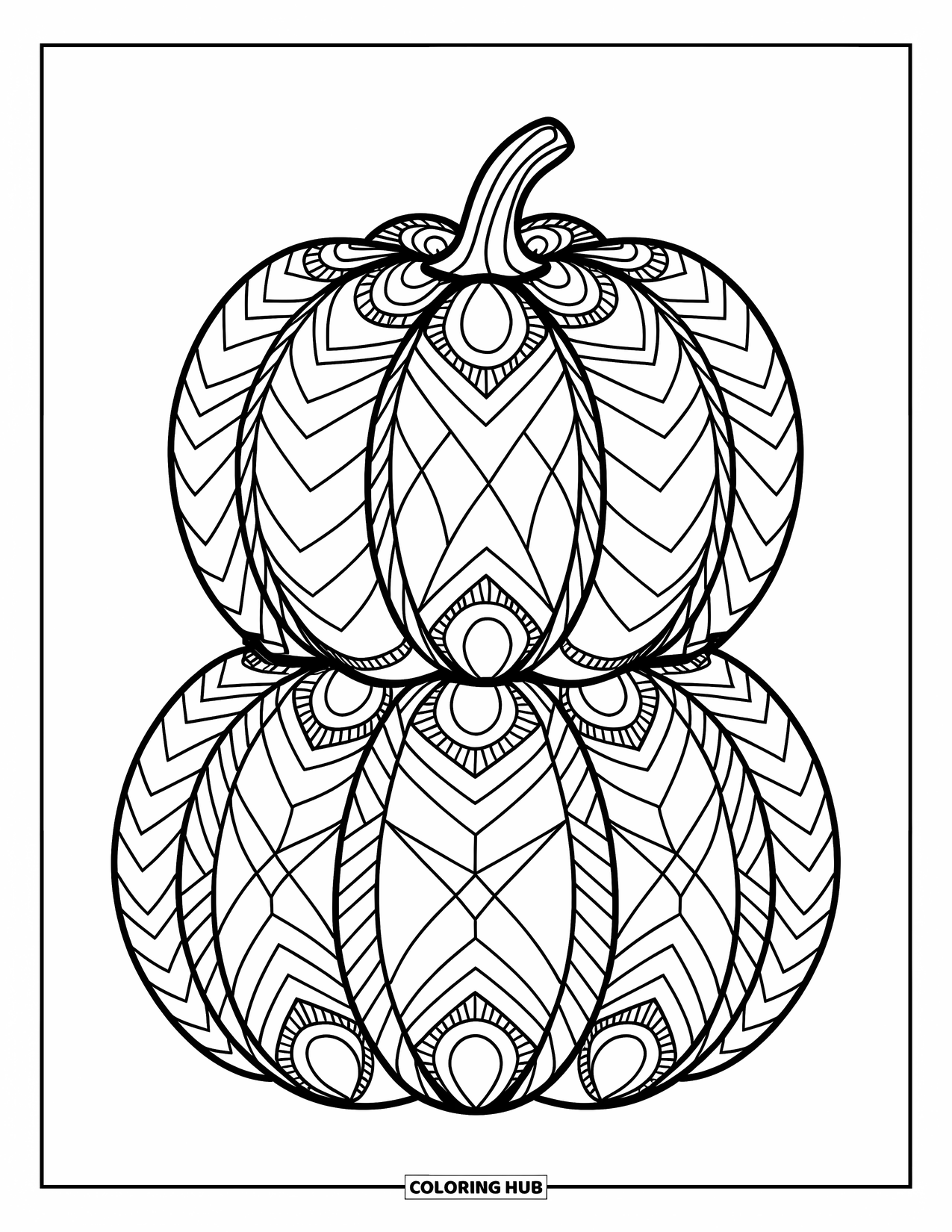 Coloriage de citrouille pour adultes : Deux citrouilles empilées avec des motifs de mandala et des formes géométriques se dressent sur un fond décoratif