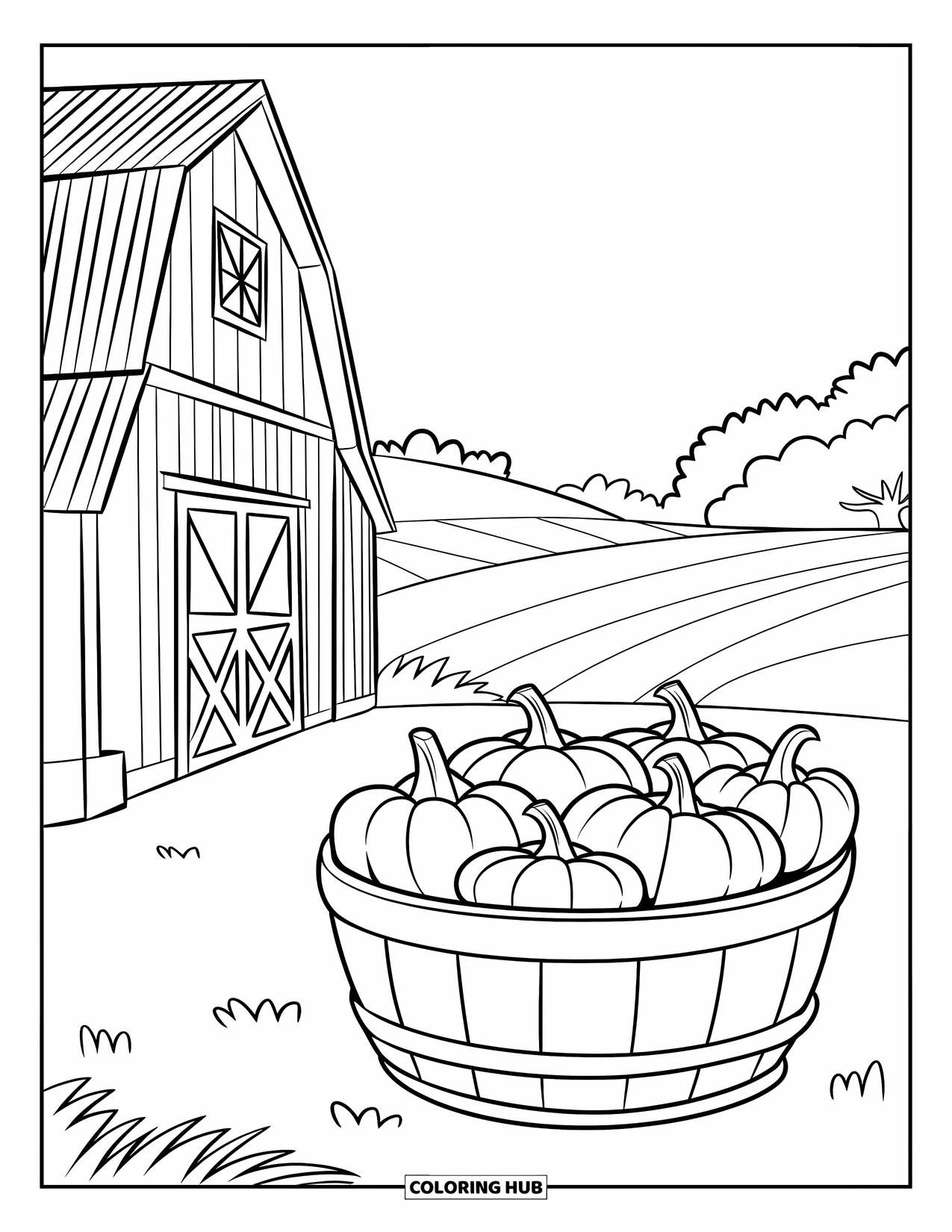 Coloriage de citrouille pour enfants : Panier de citrouilles à côté d’une grange avec des collines et des arbres en arrière-plan