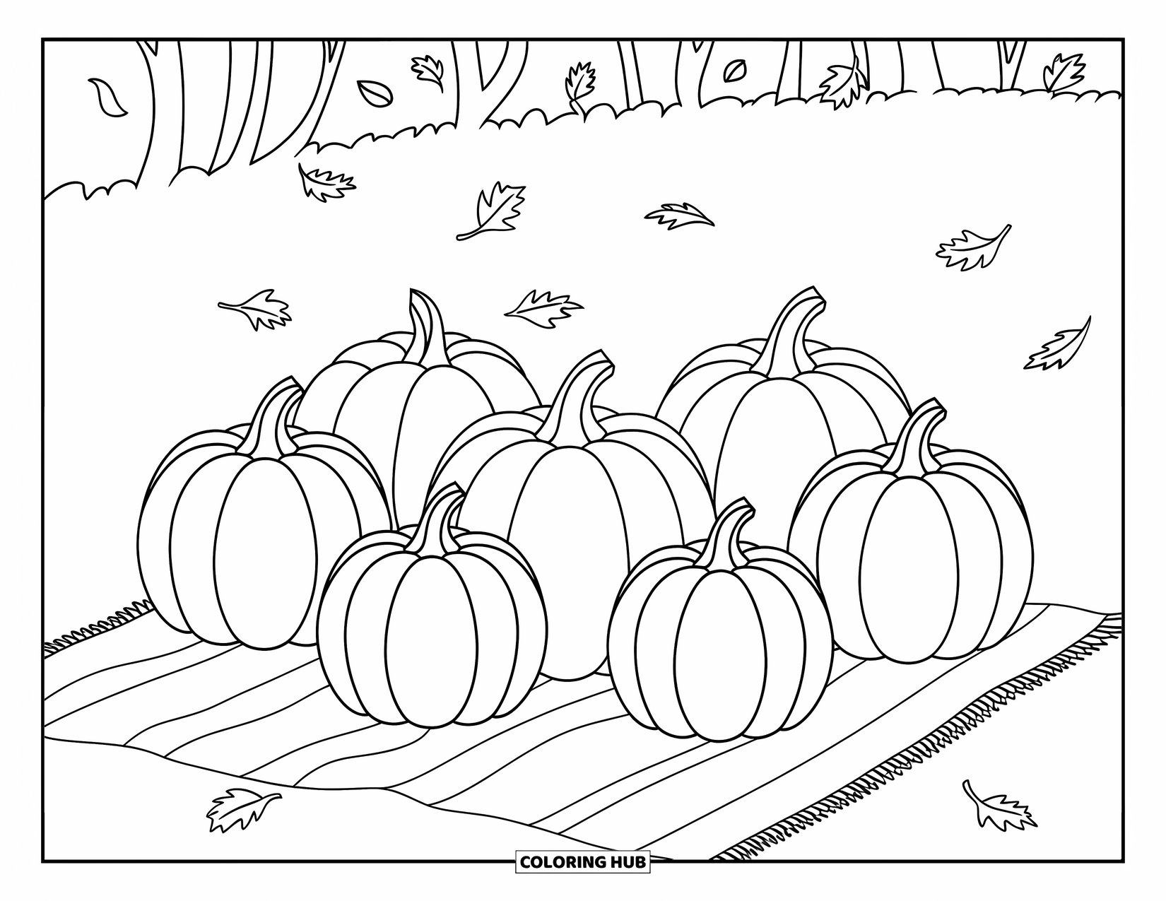 Coloriage de citrouille pour enfants : Groupe de citrouilles sur une couverture de pique-nique avec des feuilles qui tombent en arrière-plan