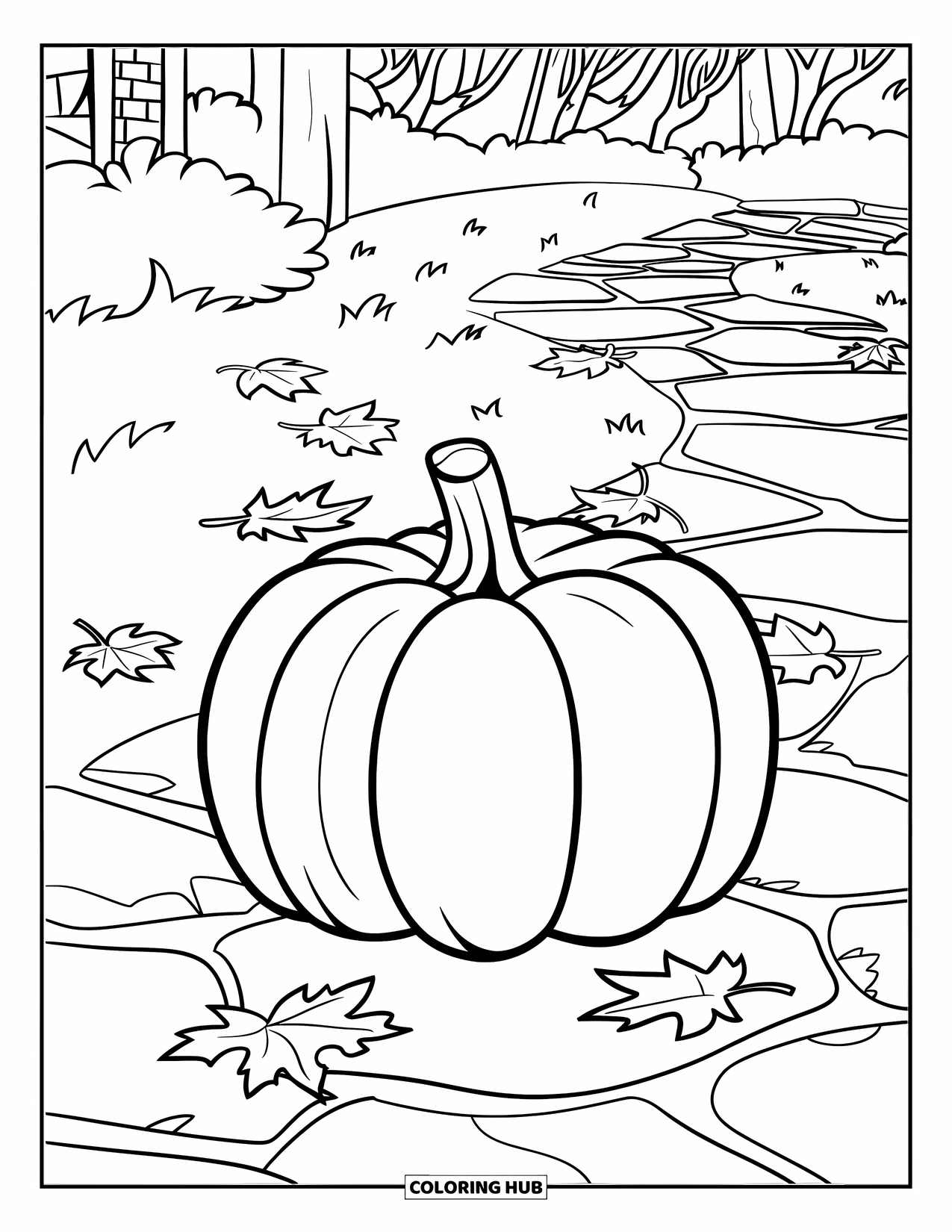 Coloriage de citrouille pour enfants : Grande citrouille sur un chemin de pierre entourée de feuilles d’automne et d’arbres dénudés