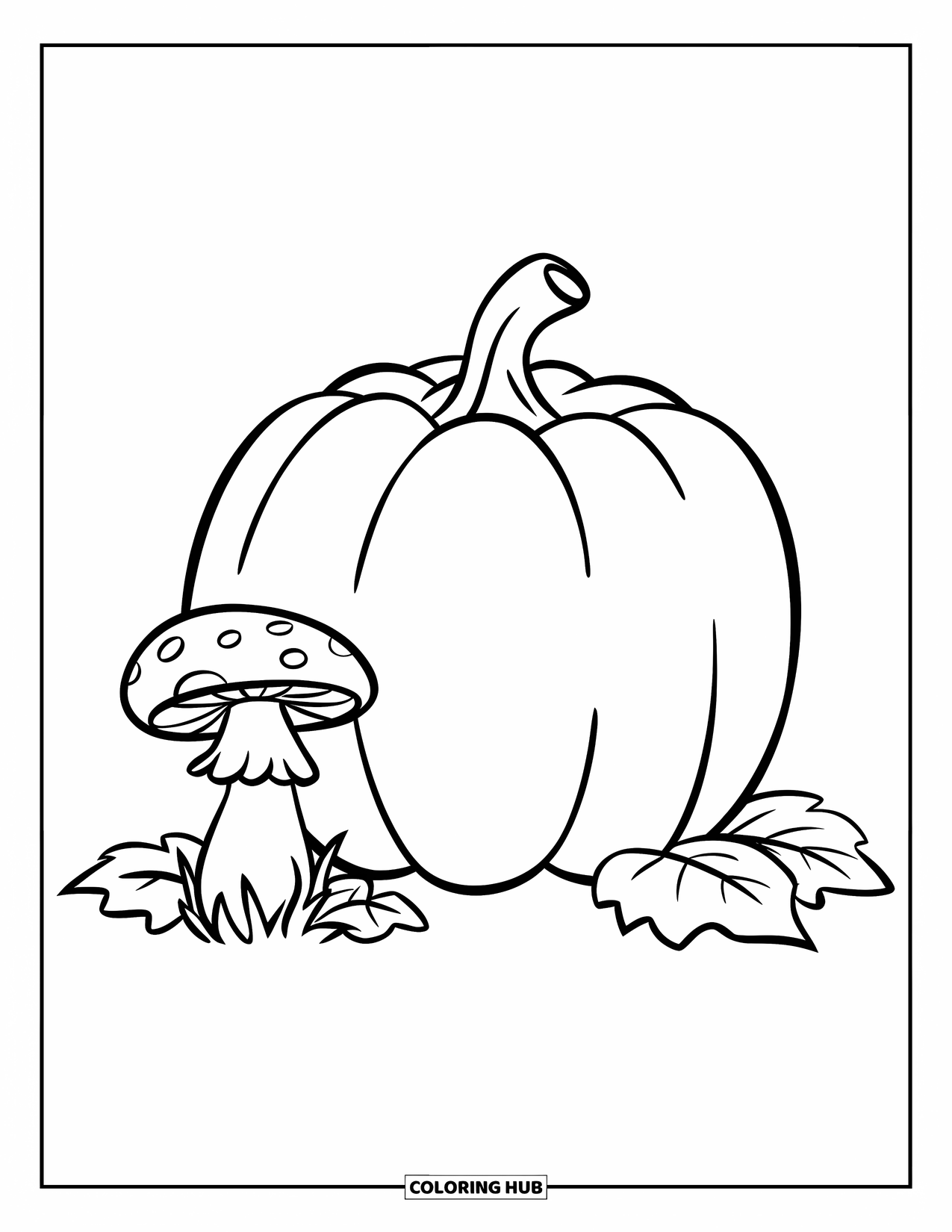 Coloriage de citrouille pour enfants : Grande citrouille avec un petit champignon et des feuilles éparpillées à proximité