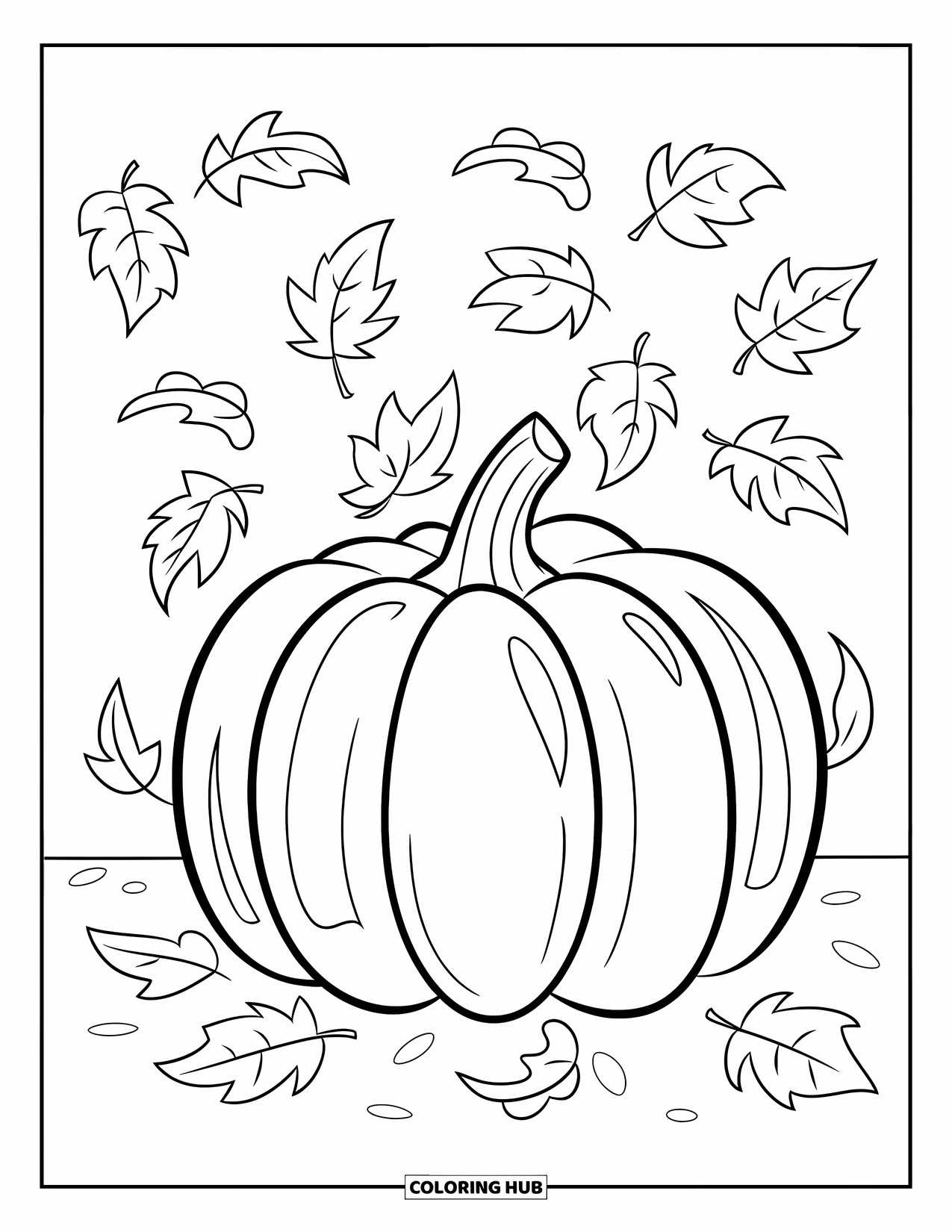 Coloriage de citrouille pour enfants : Grande citrouille avec une surface lisse et des feuilles tombantes éparpillées