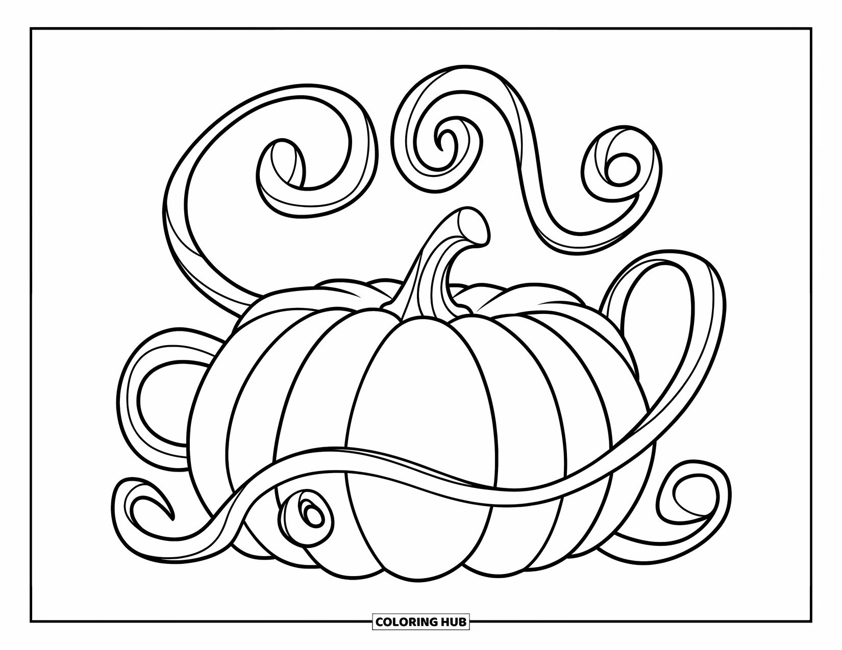 Coloriage de citrouille pour enfants : Grande citrouille avec des vignes torsadées s’enroulant autour de sa surface