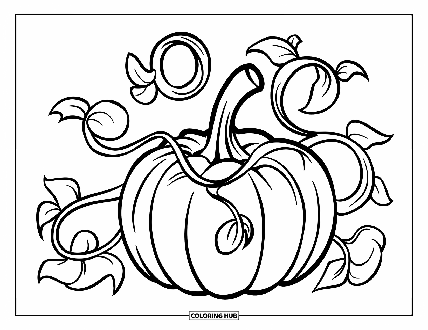Coloriage de citrouille pour enfants : Grande citrouille avec des vignes ondulées et une fine tige les reliant