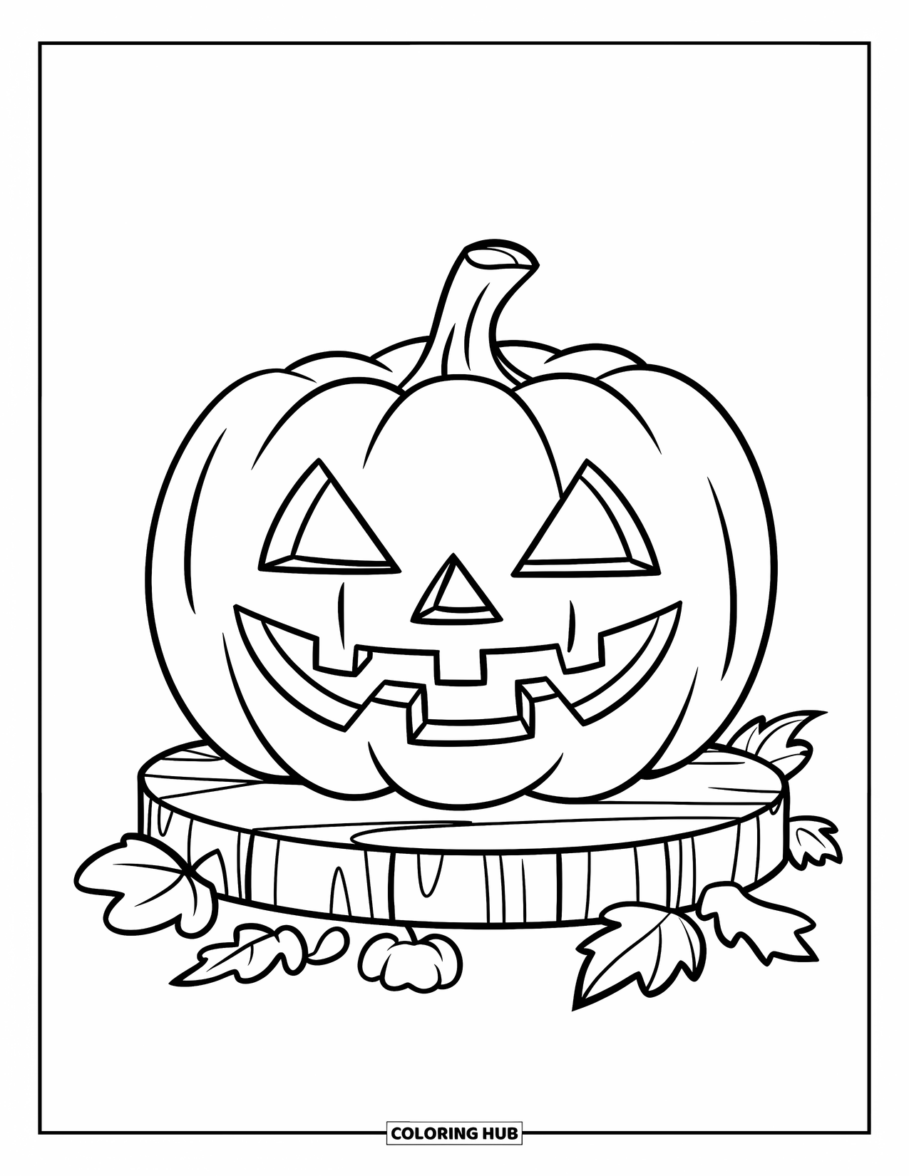 Coloriage de citrouille pour enfants : Citrouille à motifs sur une base en bois entourée de feuilles éparpillées