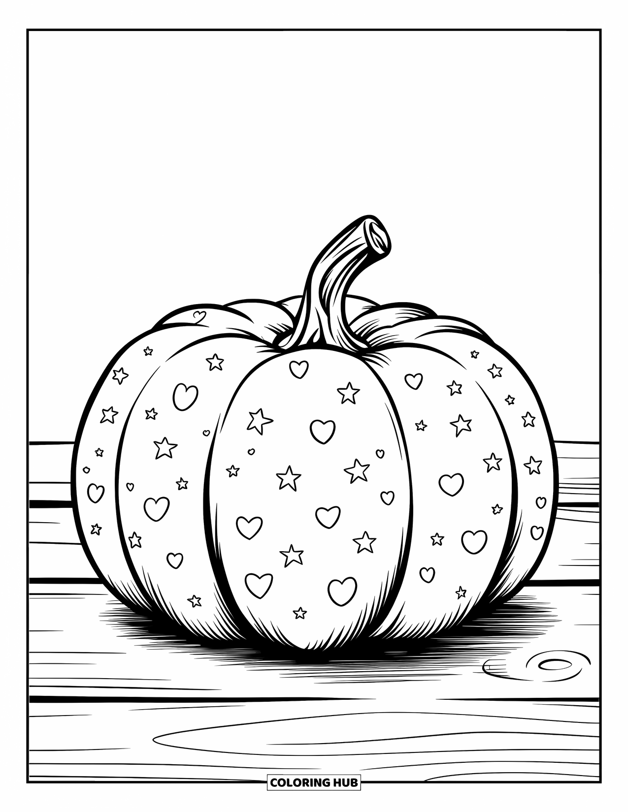 Coloriage de citrouille pour enfants : Citrouille à motifs reposant sur une surface en bois avec un arrière-plan épuré et simple