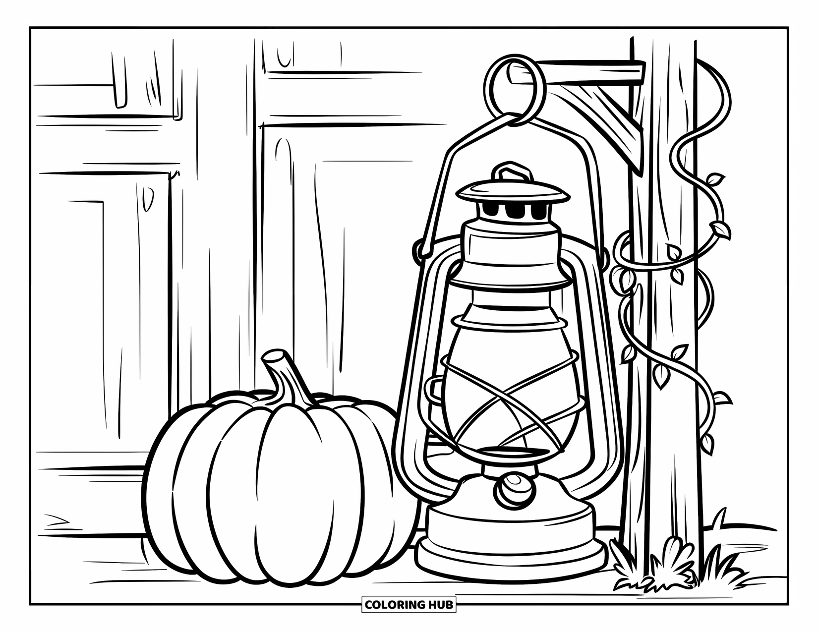 Coloriage de citrouille pour enfants : Citrouille et lanterne près d’un poteau en bois enveloppé de vignes
