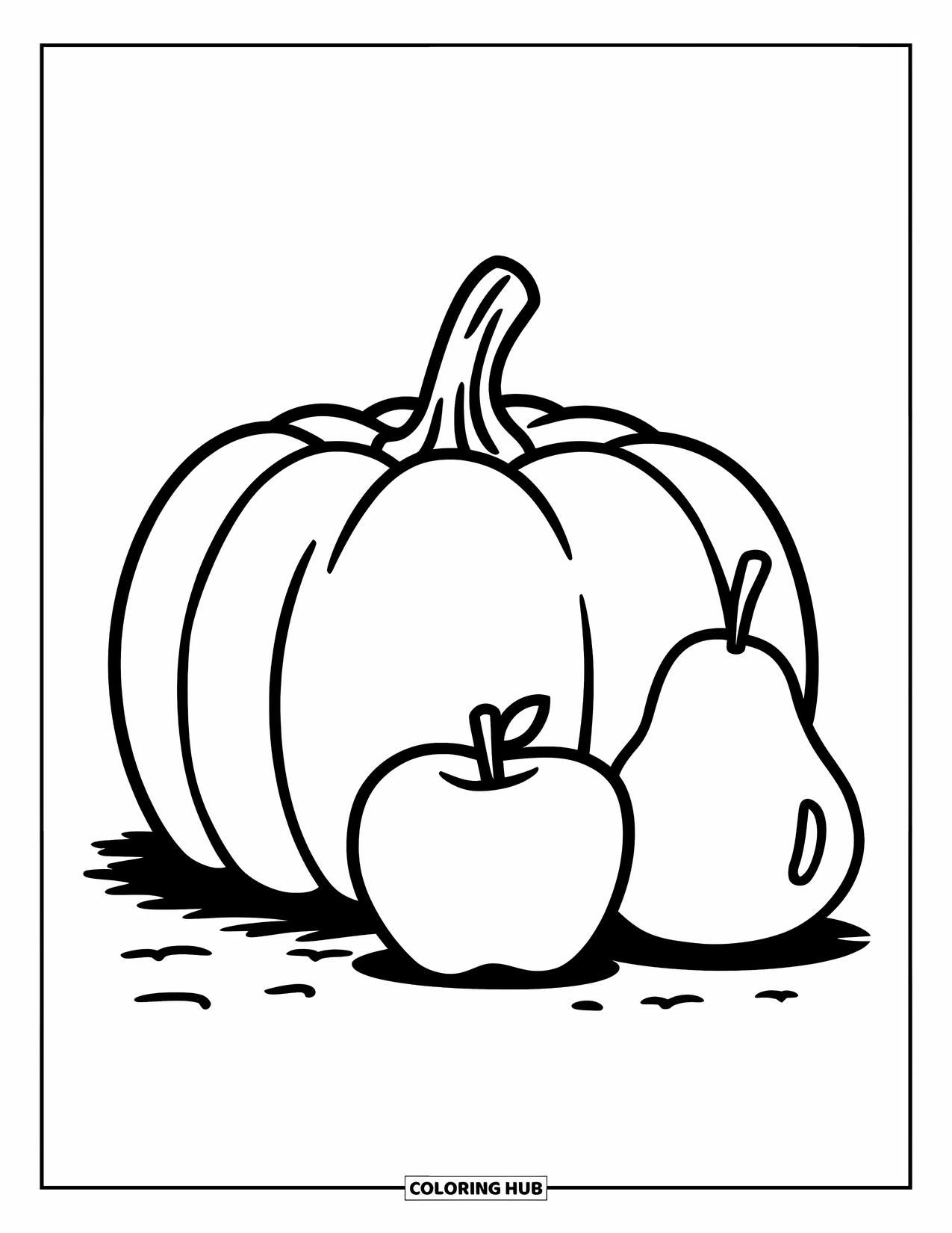 Coloriage de citrouille pour enfants : Citrouille, pomme et poire placées ensemble sur le sol