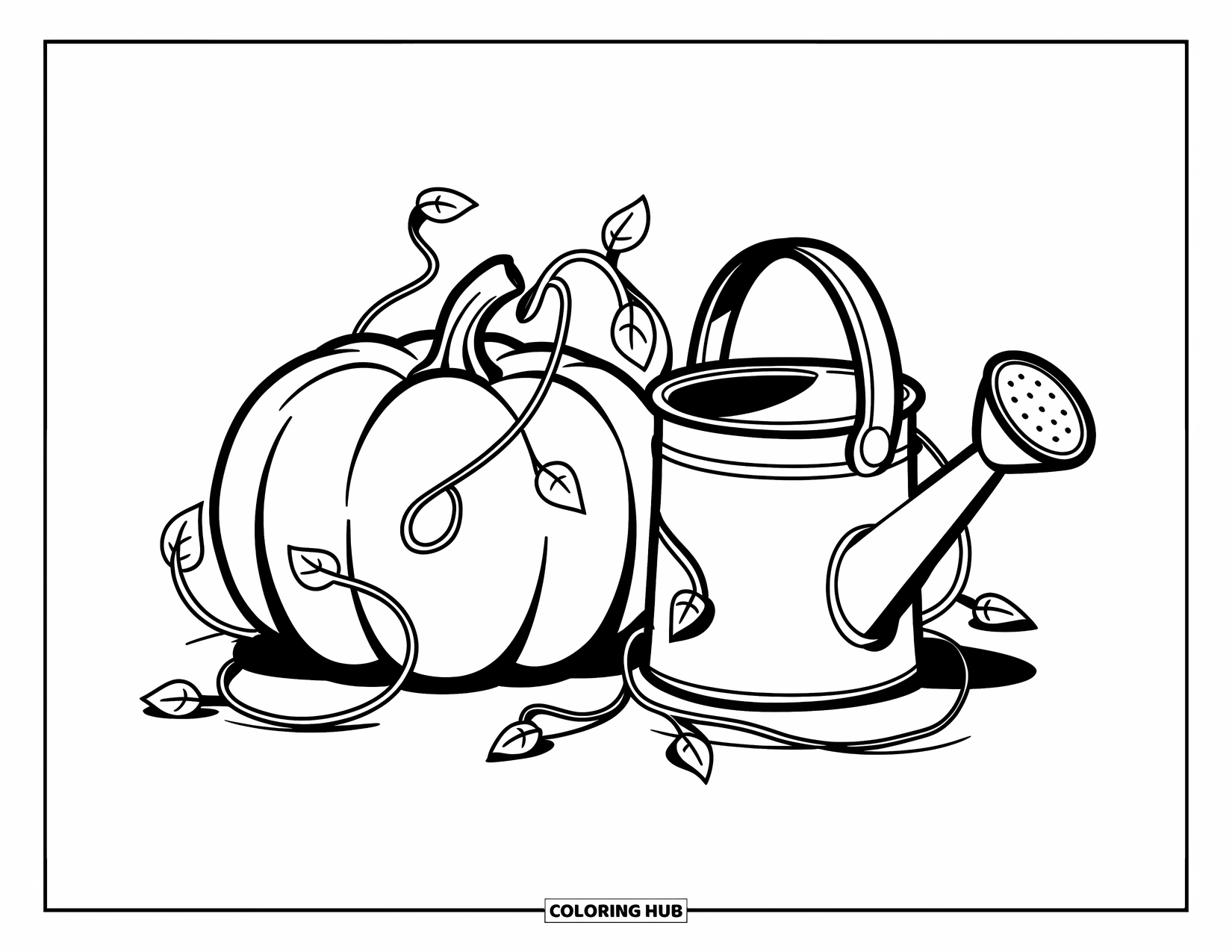 Coloriage de citrouille pour enfants : Citrouille à côté d’un arrosoir avec de délicates vignes s’enroulant autour des deux