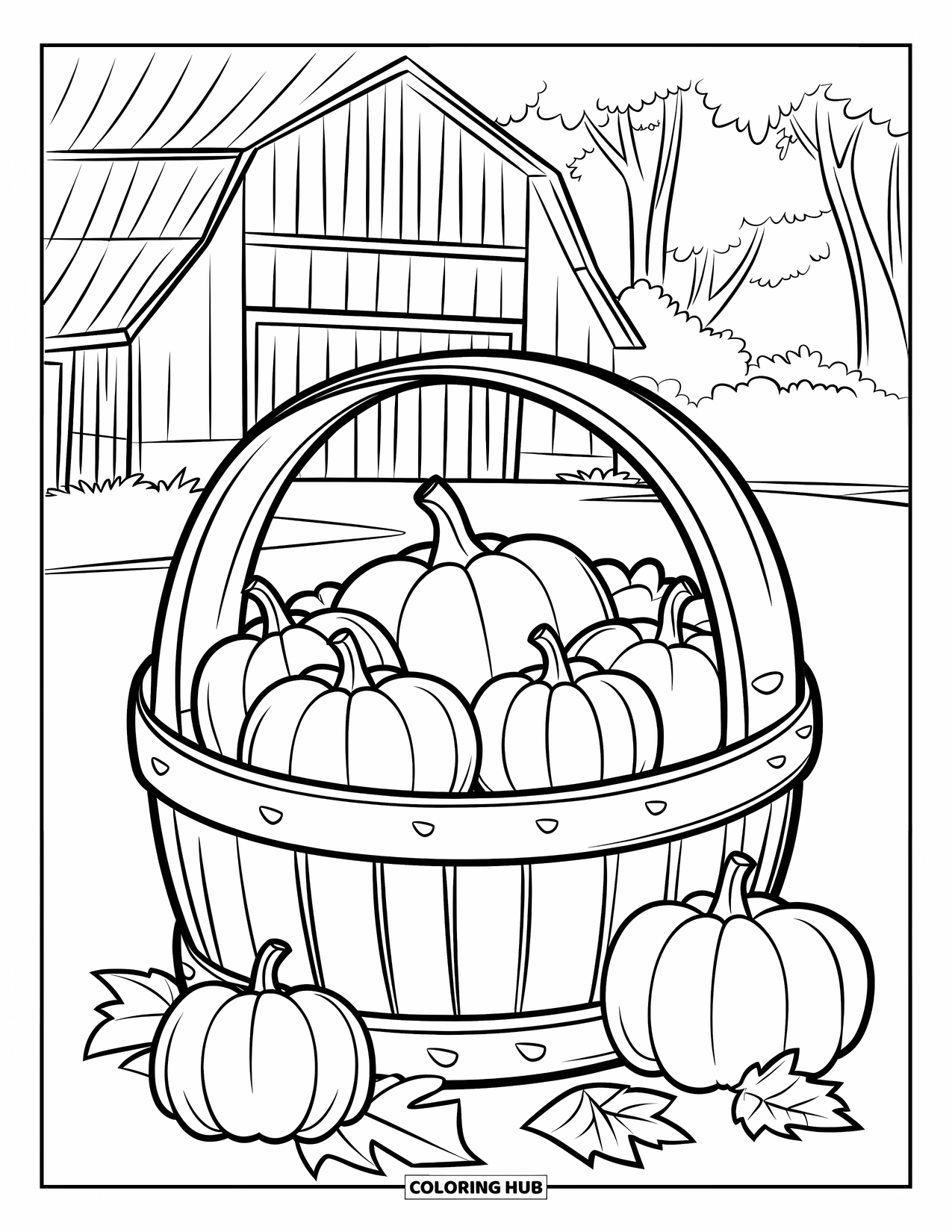 Coloriage de citrouille pour enfants : Panier en bois rempli de citrouilles avec des citrouilles tombées près d’une grange et des feuilles éparpillées