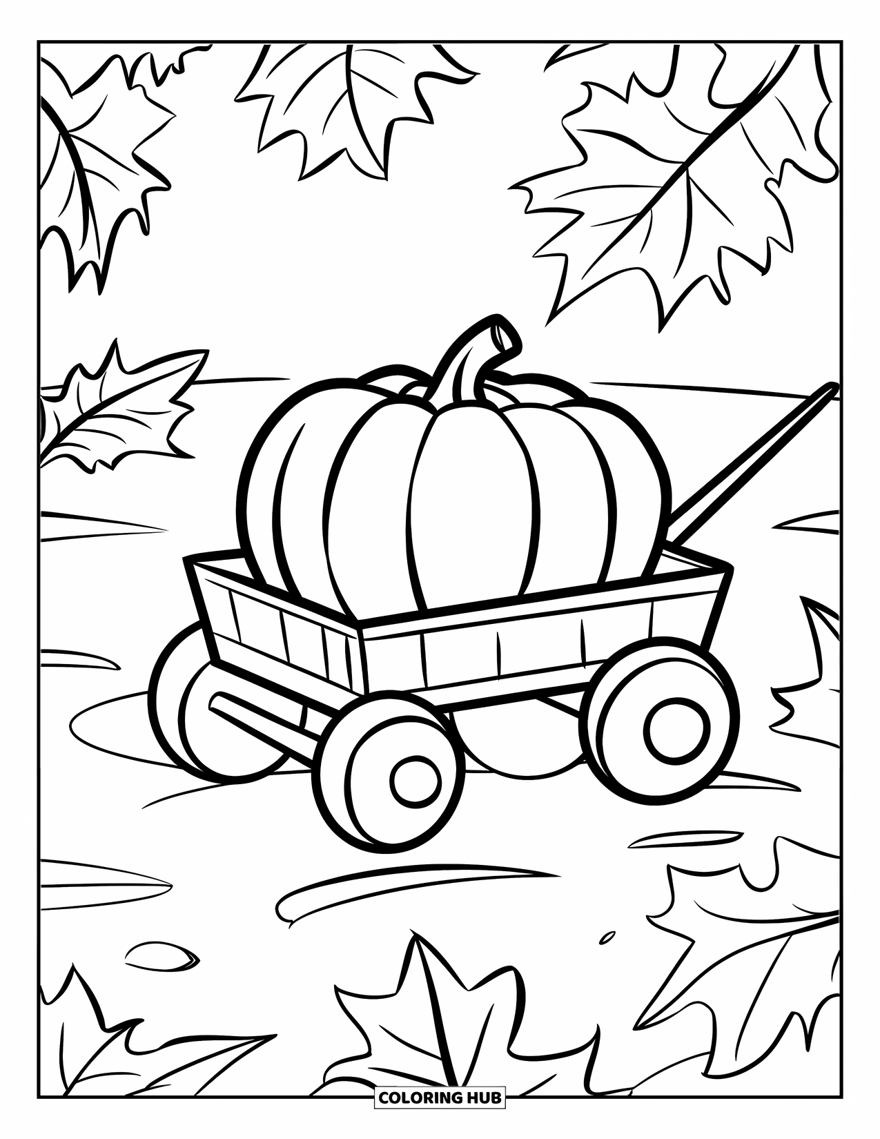 Coloriage de citrouille pour enfants : Citrouille dans un chariot avec de grandes roues et des feuilles éparpillées autour