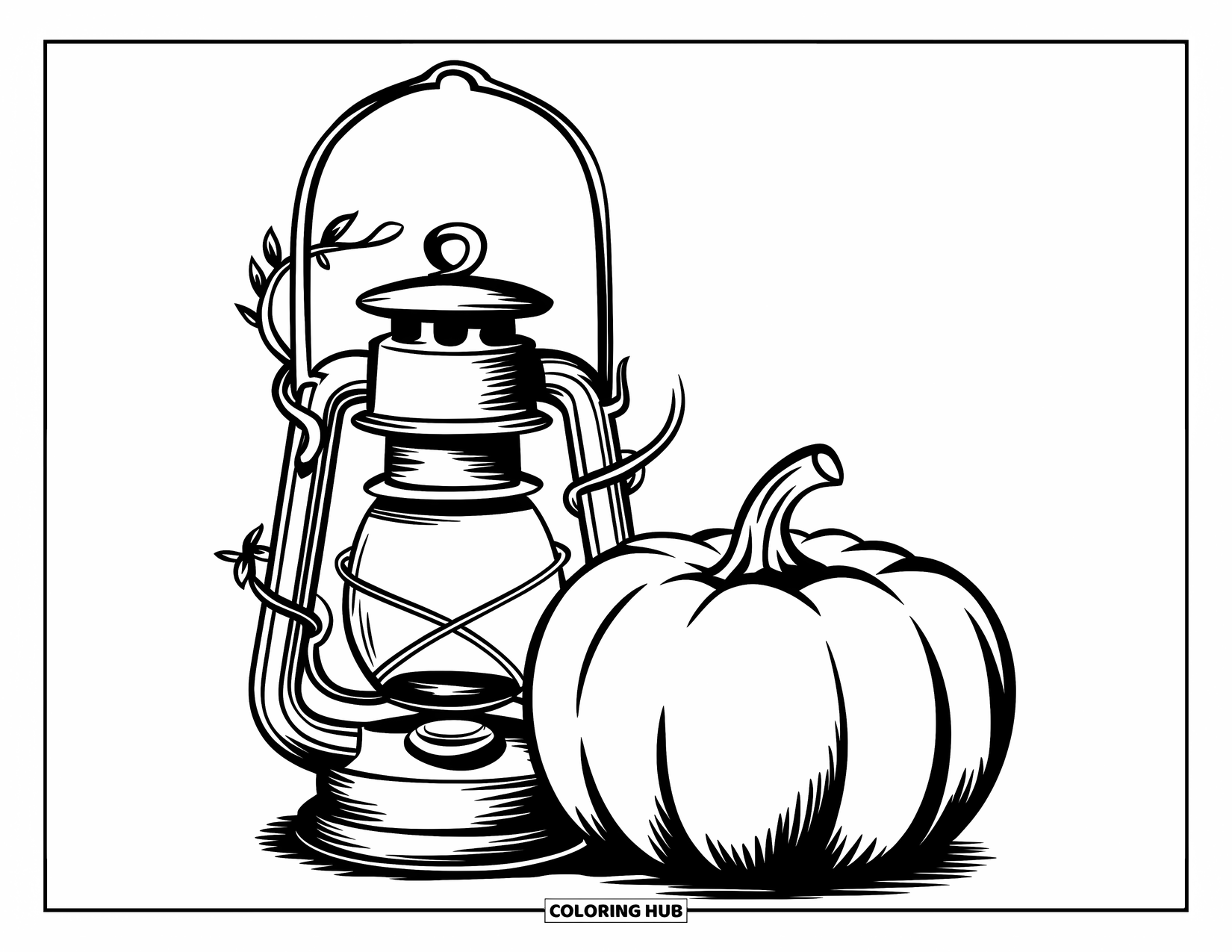 Coloriage de citrouille pour enfants : Citrouille près d’une lanterne à l’ancienne avec des vignes bouclées autour des deux