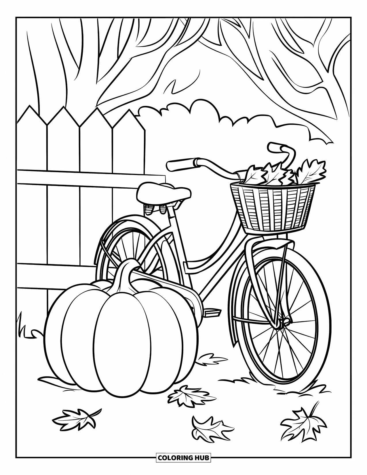 Coloriage de citrouille pour enfants : Citrouille à côté d’un vélo vintage appuyé contre une clôture en bois