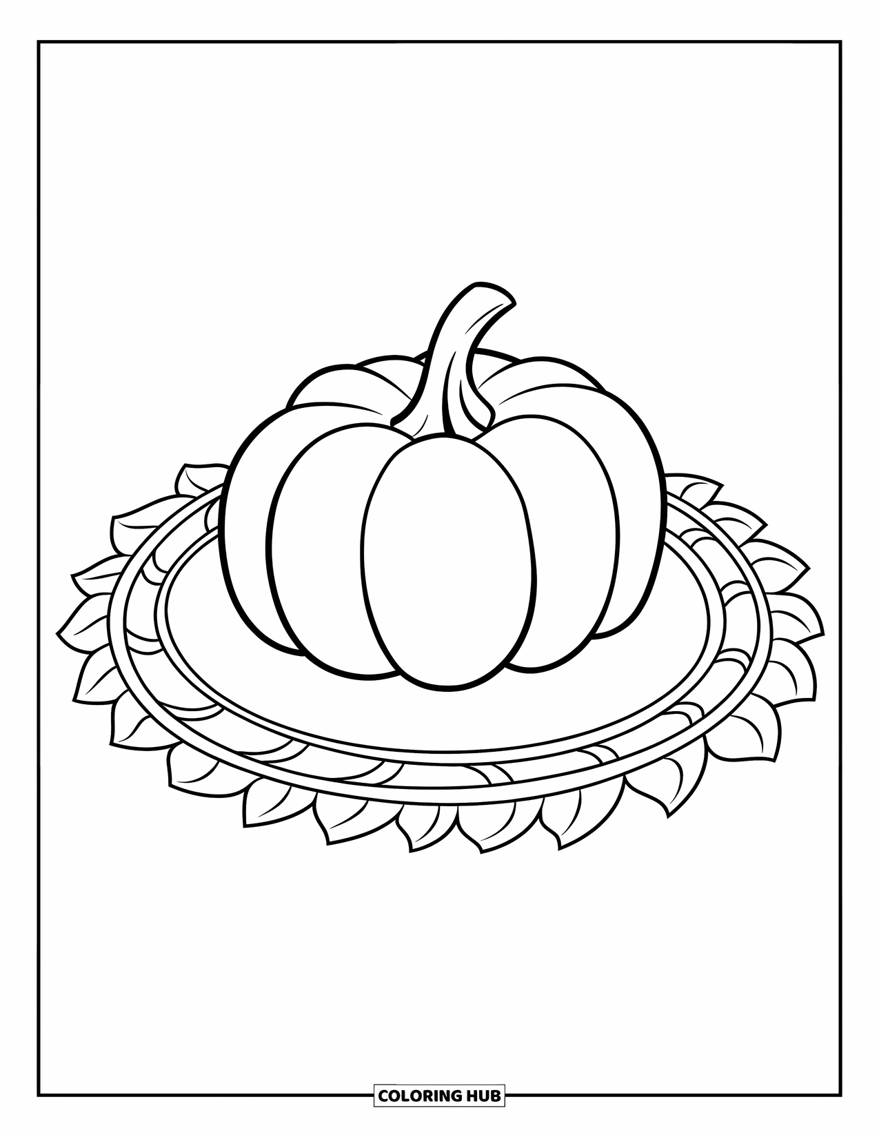 Coloriage de citrouille pour enfants : Citrouille sur un tapis circulaire avec des bords de feuilles à motifs et une tige simple