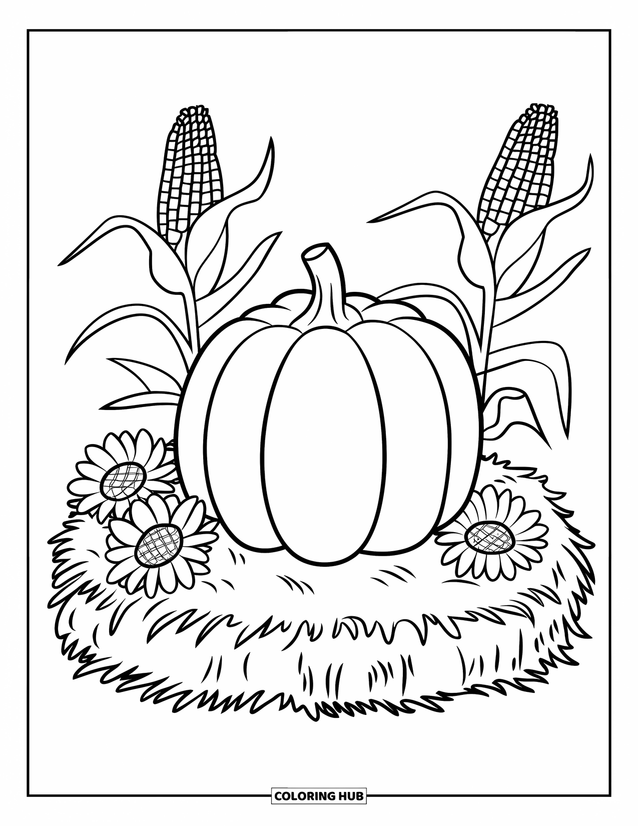Coloriage de citrouille pour enfants : Citrouille sur une botte de foin avec des tournesols et des tiges de maïs en arrière-plan
