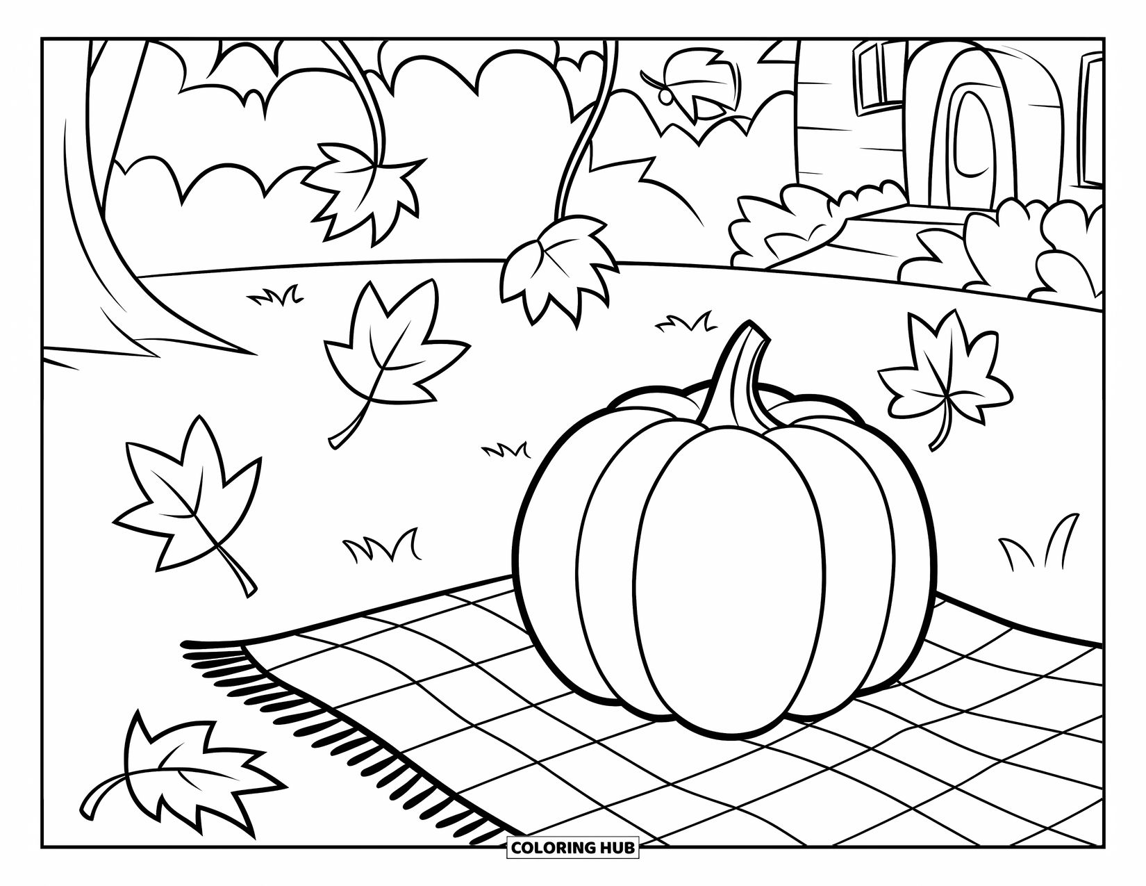 Coloriage de citrouille pour enfants : Citrouille sur une couverture de pique-nique sous un arbre avec des feuilles qui tombent et une maison en arrière-plan