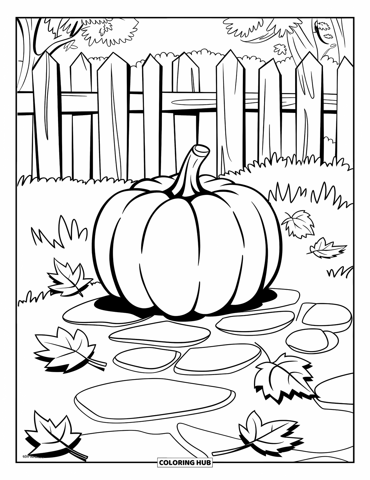 Coloriage de citrouille pour enfants : Citrouille sur un chemin de pierre avec des feuilles d’automne et une clôture rustique en bois