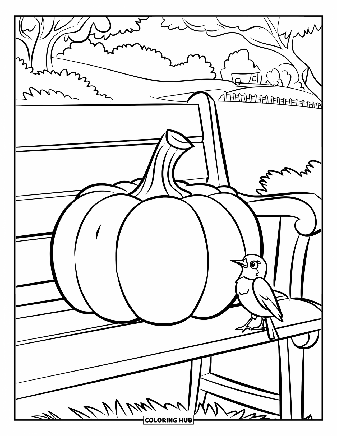 Coloriage de citrouille pour enfants : Citrouille sur un banc en bois avec un oiseau à proximité, sur fond de paysage serein