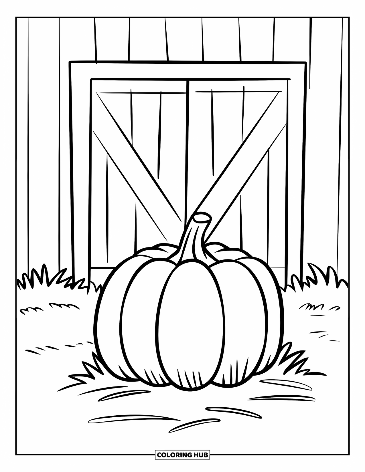 Coloriage de citrouille pour enfants : Citrouille placée devant une porte de grange avec du foin éparpillé autour