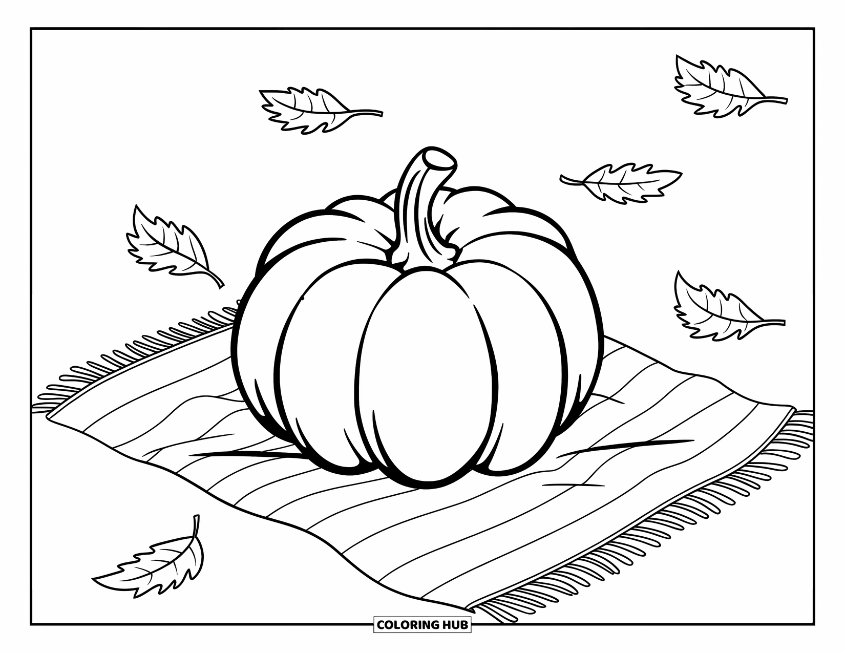 Coloriage de citrouille pour enfants : Citrouille reposant sur une couverture avec des feuilles éparpillées autour