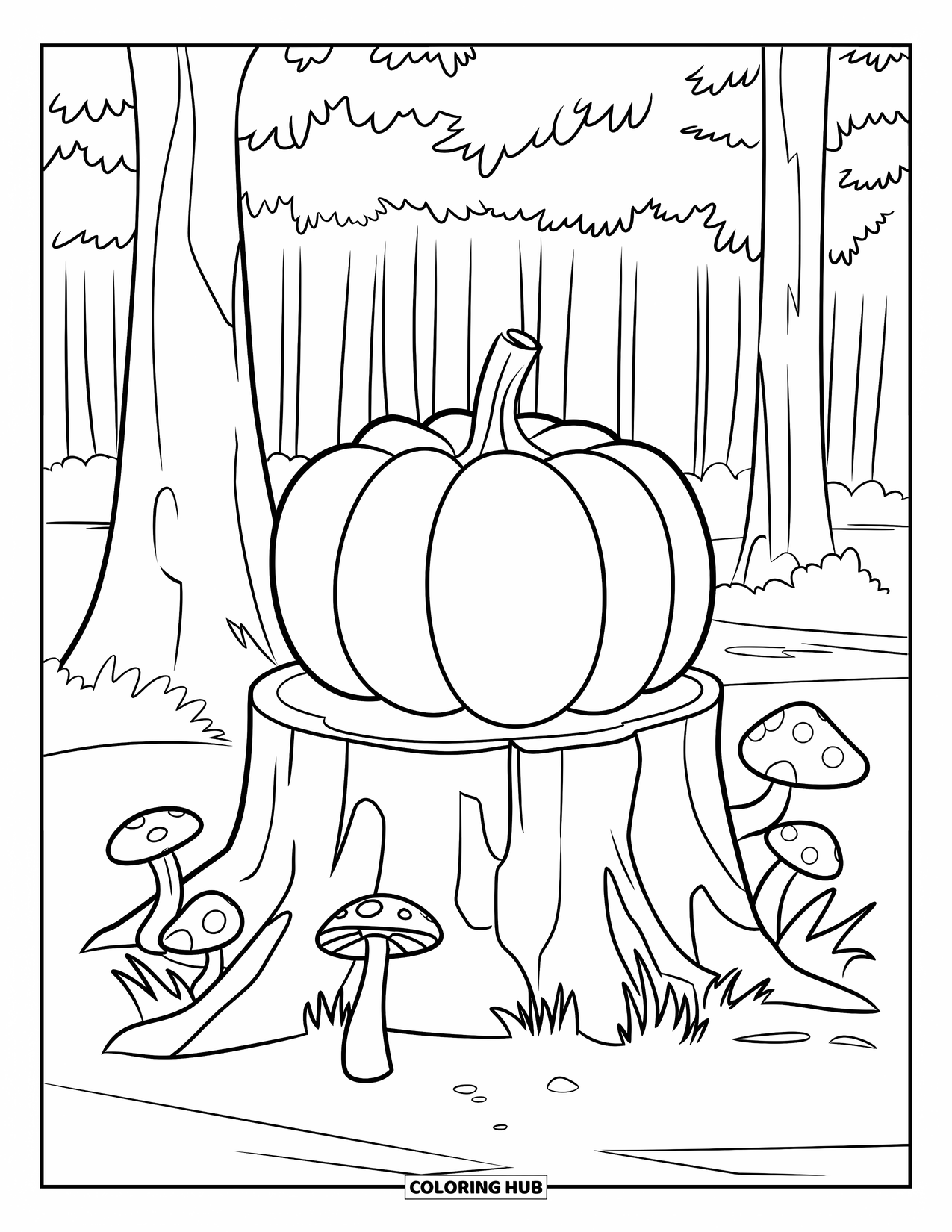 Coloriage de citrouille pour enfants : Citrouille reposant sur une souche d’arbre avec de petits champignons dans un décor forestier